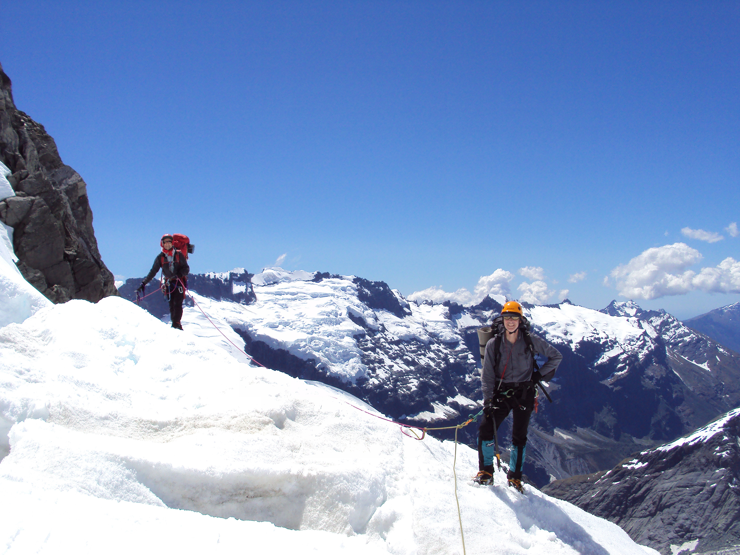 Climbers on the Bonar Glacier, Mount Aspiring.