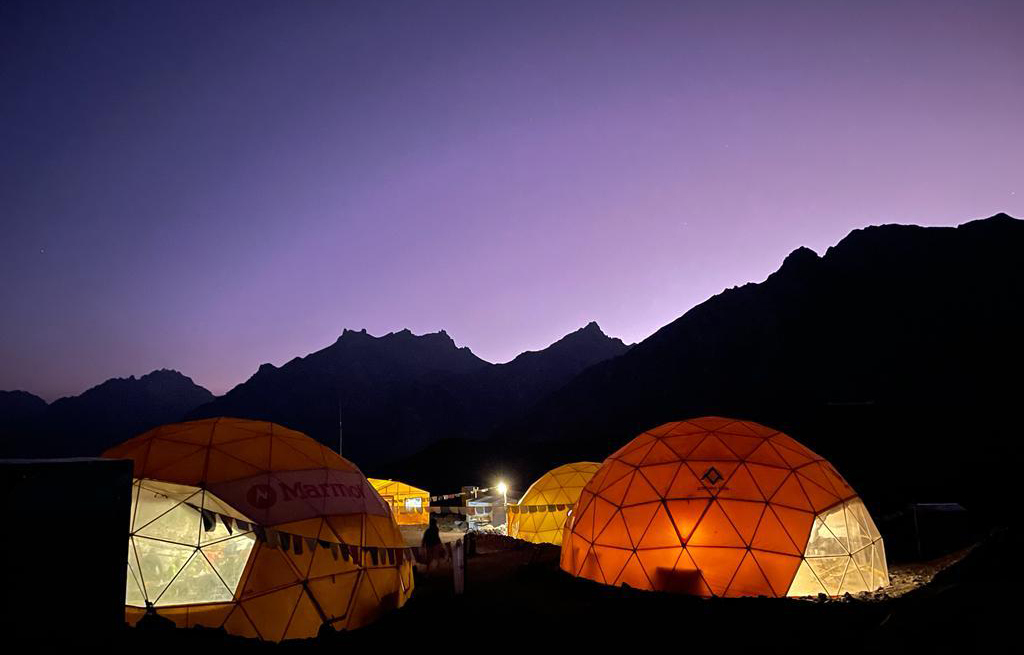 Tents in the evening light at Plaza de Mulas Base Camp