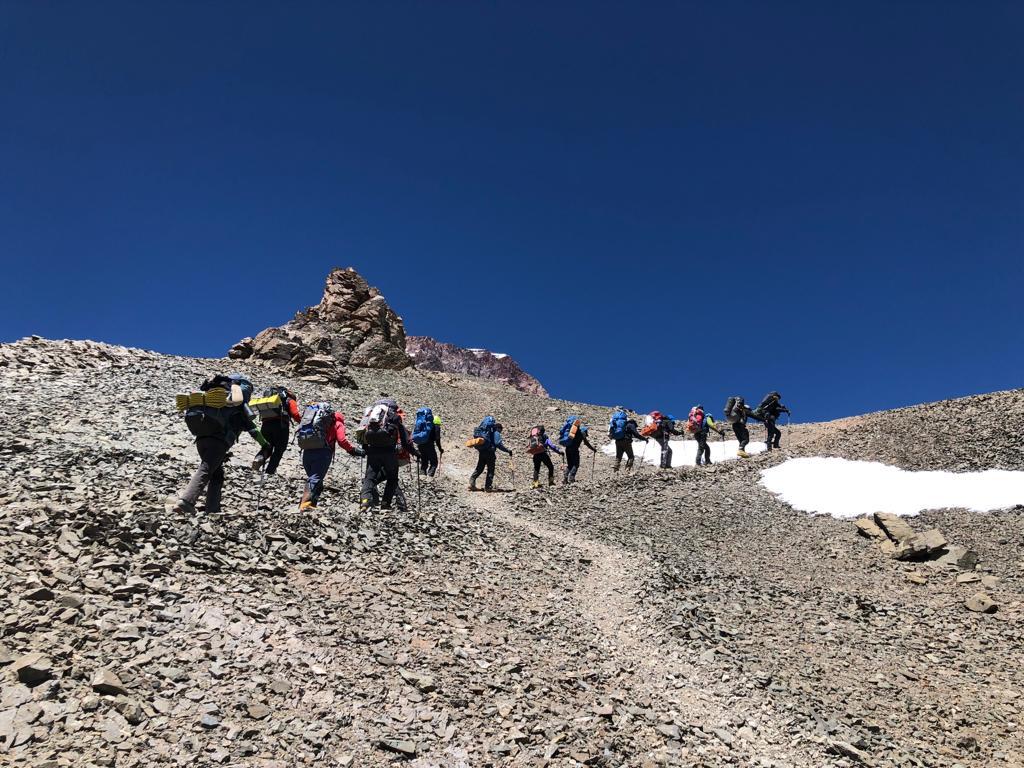 A team of climbers make their way to Camp Colera also known as Camp 3 on their summit bid of Mount Aconcagua.