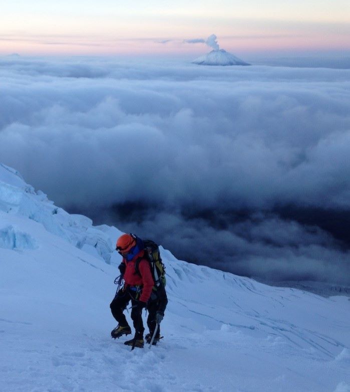 Climber on Ecuador volcano Antisana upper glacier