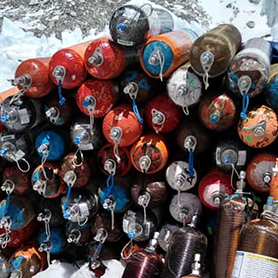 Bottles of oxygen piled high at Everest Camp two in anticipation for the summit bid.
