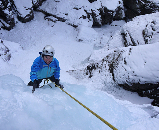 An ice climber on waterfall ice near Cogne, Italy