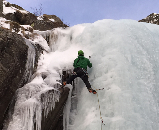 A climber leads on waterfall ice near Cogne, Italy