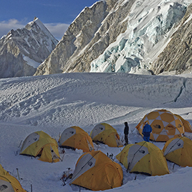 Tents are lined up in the snow at Everest Camp One.
