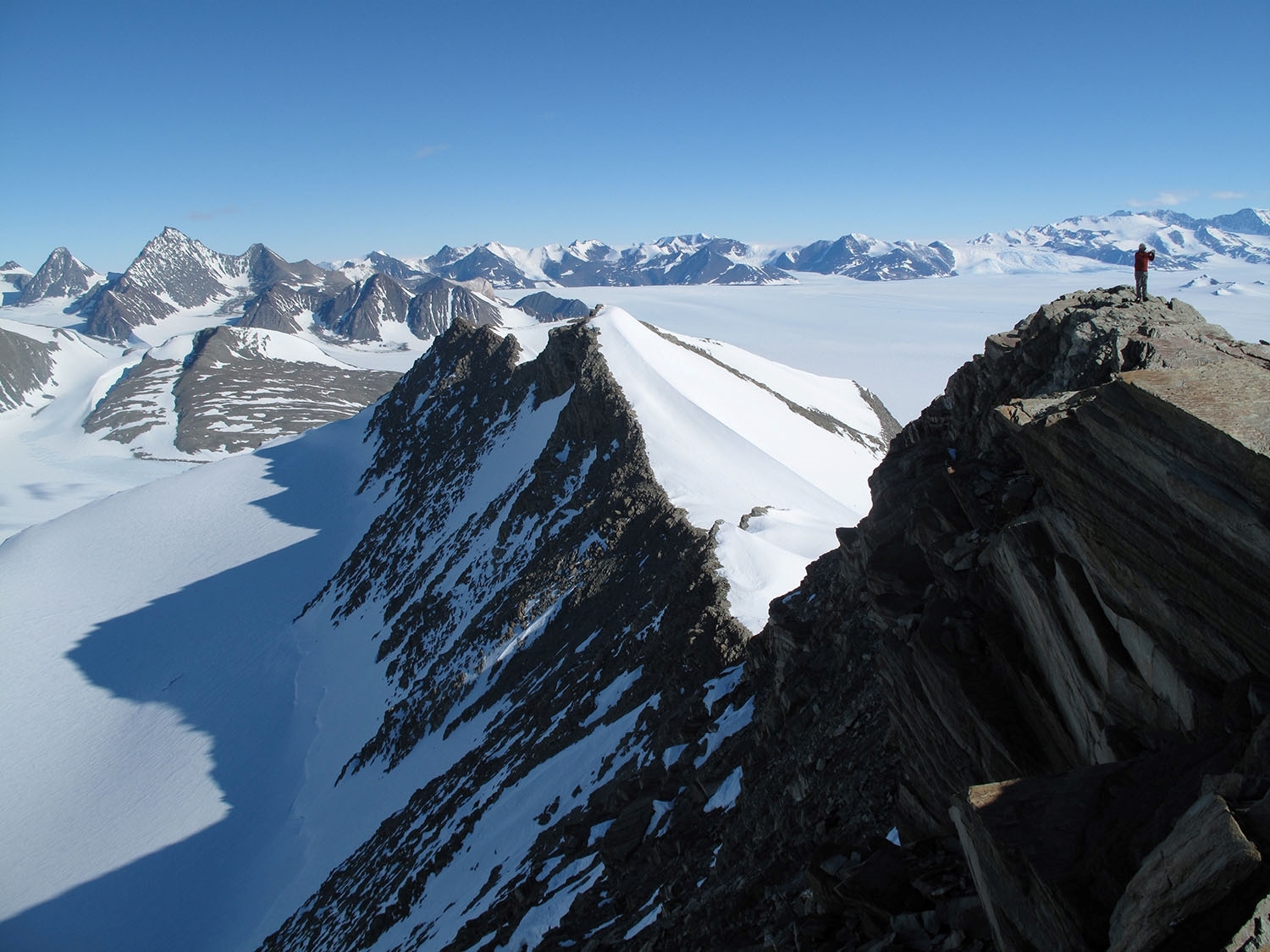 Stunning scenery and great fun climbs, looking down a ridgeline in Antarctica