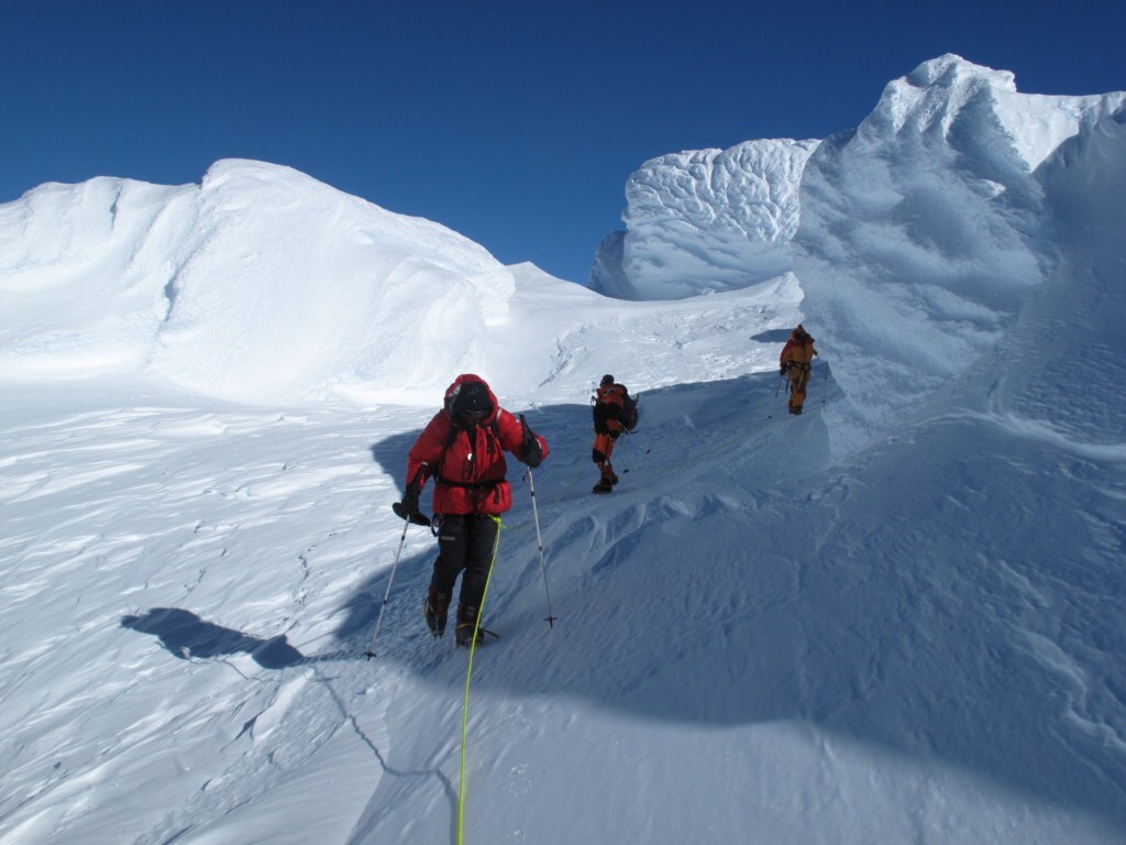 Climbers make their way up through Sidley's unusual mushroom ice formations