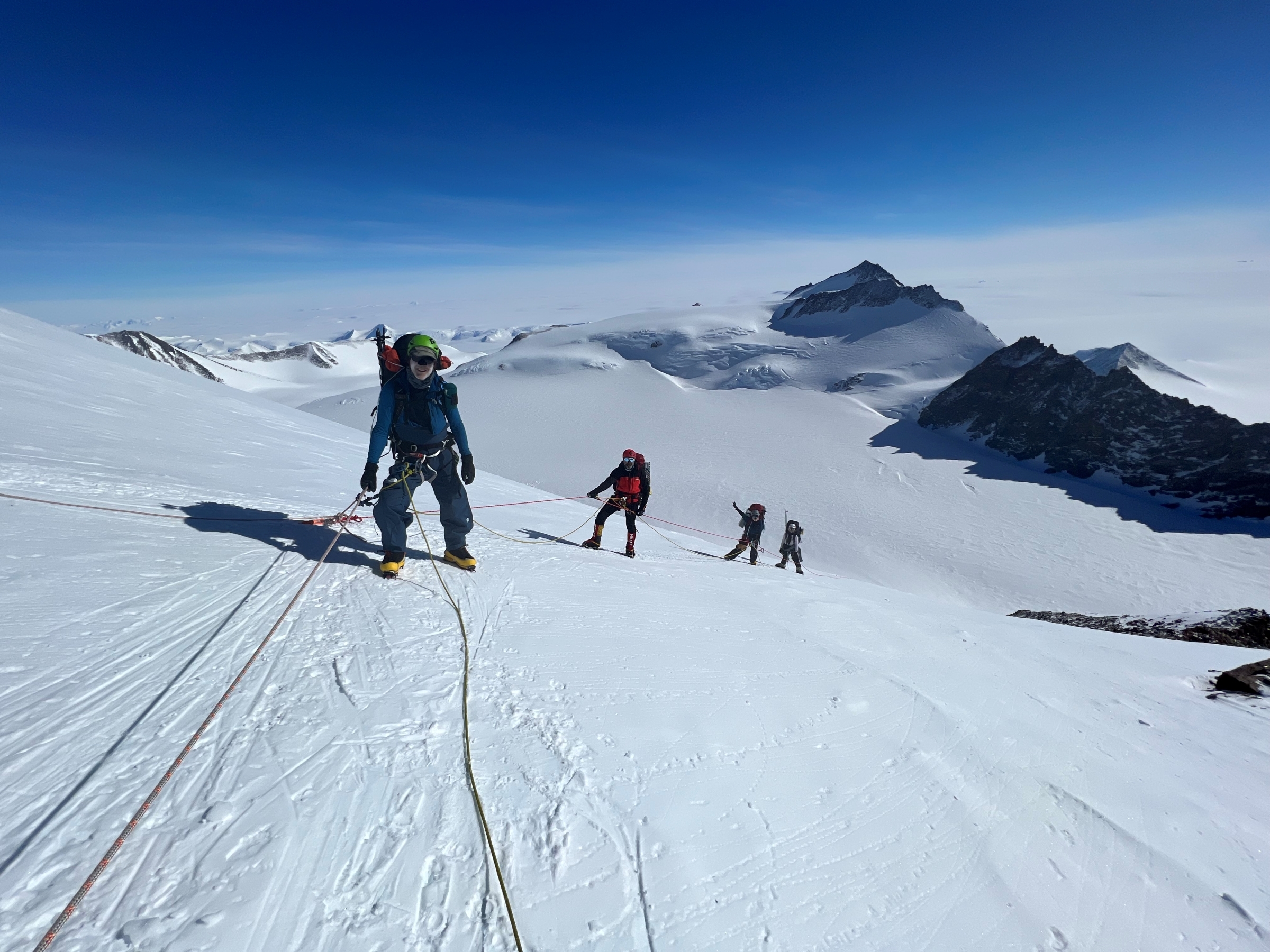 On the fixed ropes, with views across the Antarctic plateau.