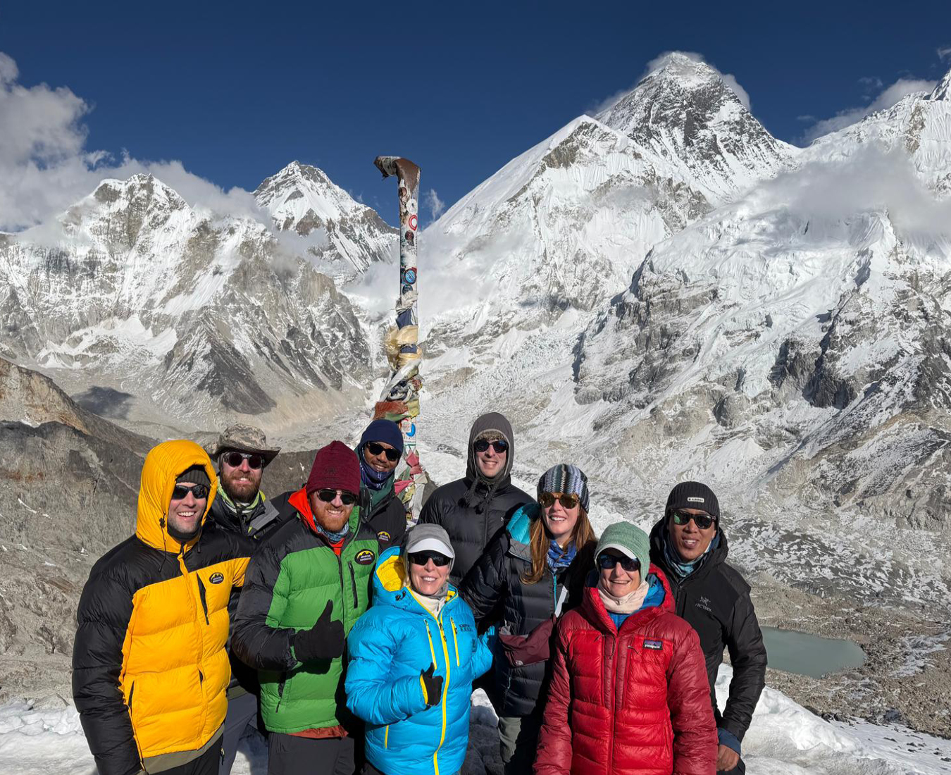 The AC EBC team on Kala Patar - unbelievable views, Everest rising above the Khumbu Icefall, Pumori towering nearby, Ama Dablam in the distance and an endless sea of Himalayan peaks stretching in every direction.