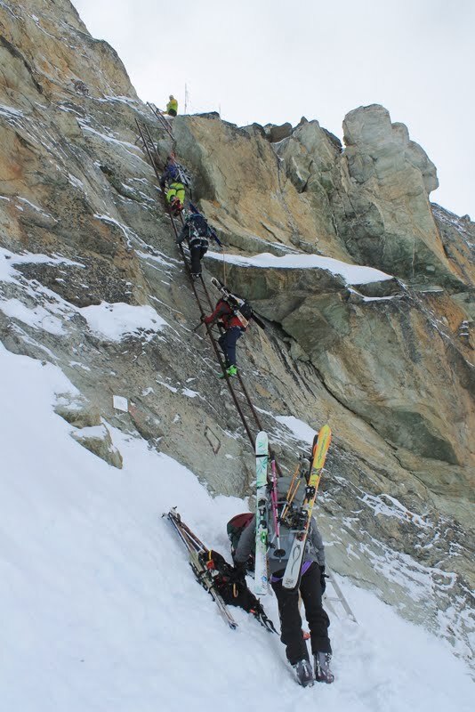 Climbers on the Pas des Chevres ladders.
