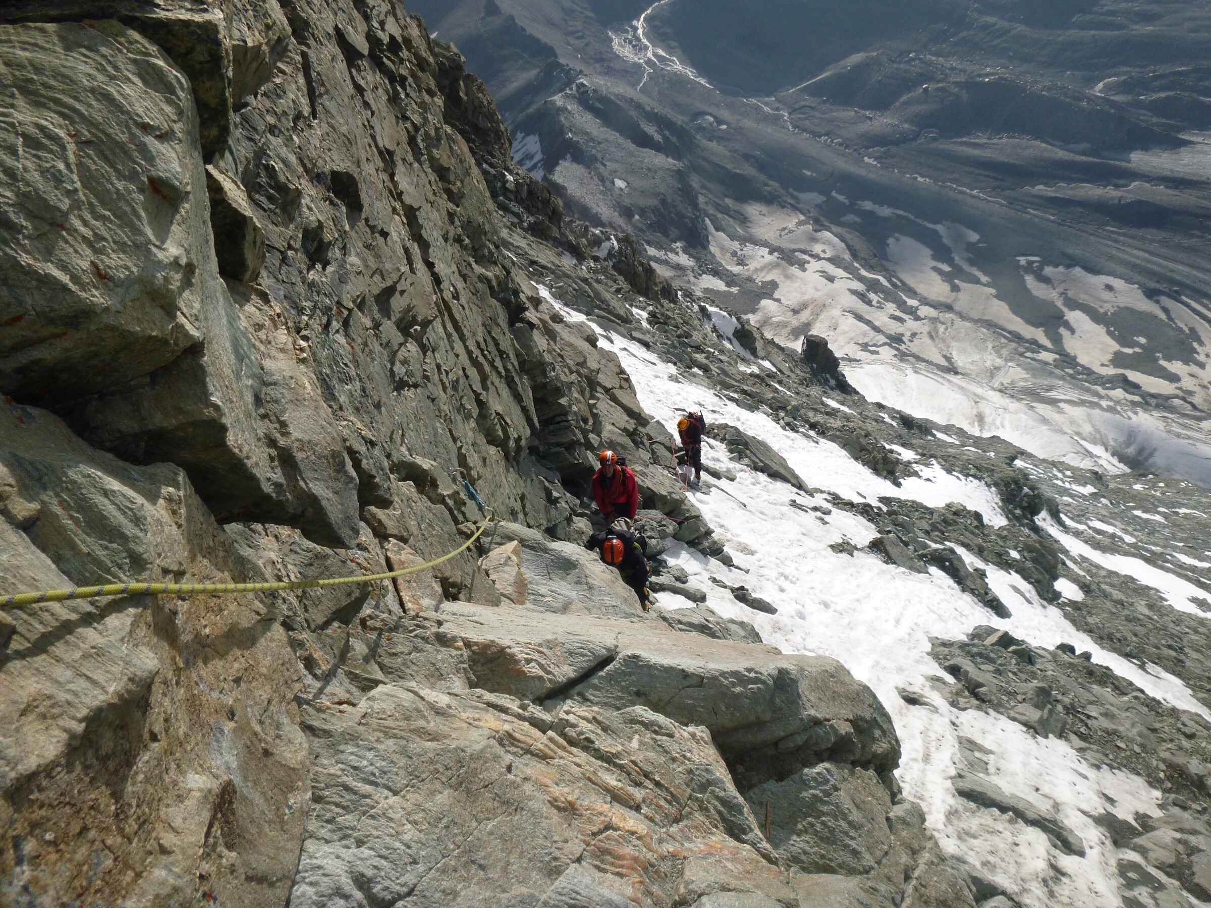Climbing the lower Mosely slabs on the Matterhorn
