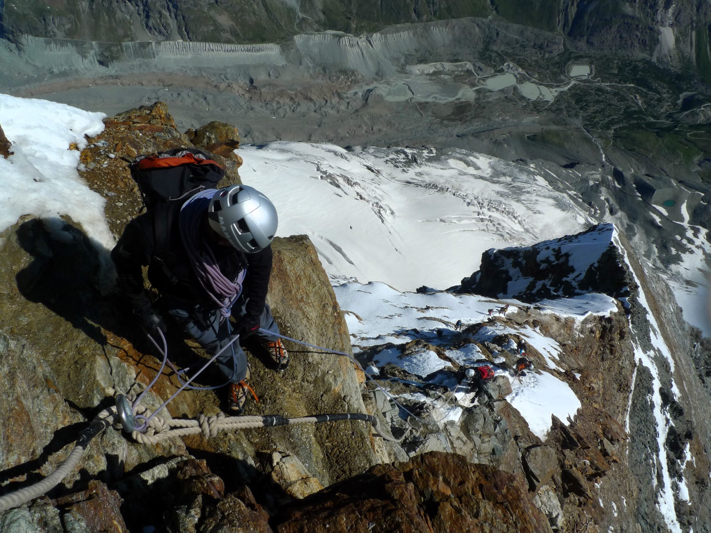 Climbing pitches on the Hörnli Ridge of the Matterhorn