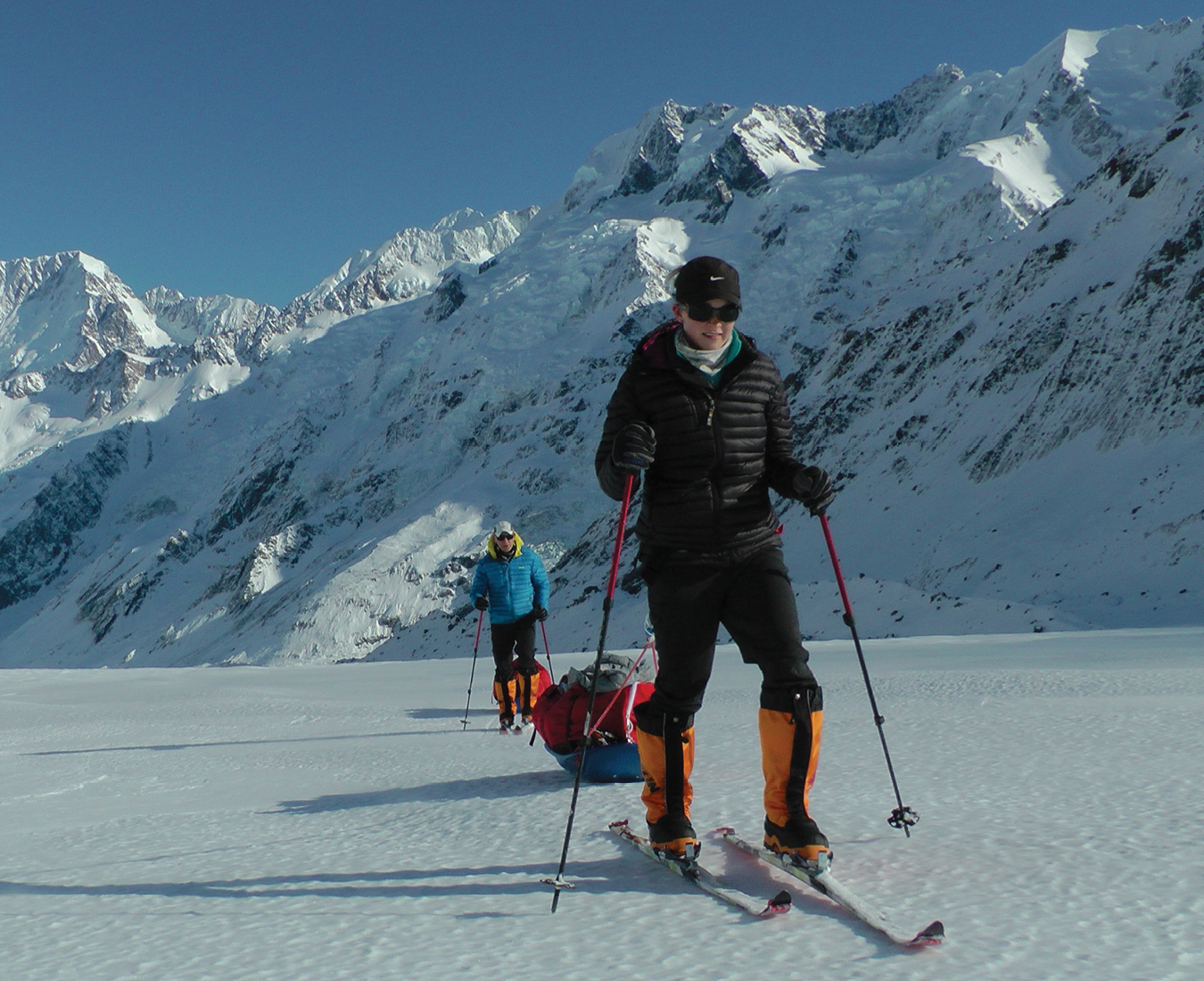 Two prospective polar explorers practice the essential art of hauling a gear laden sleds deep in the New Zealand mountains.