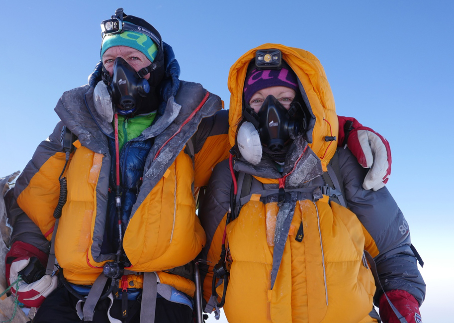 IFMGA Mountain & Ski Guides Dean Staples and Lydia Bradey on the summit of Dhaulagiri, Nepal.