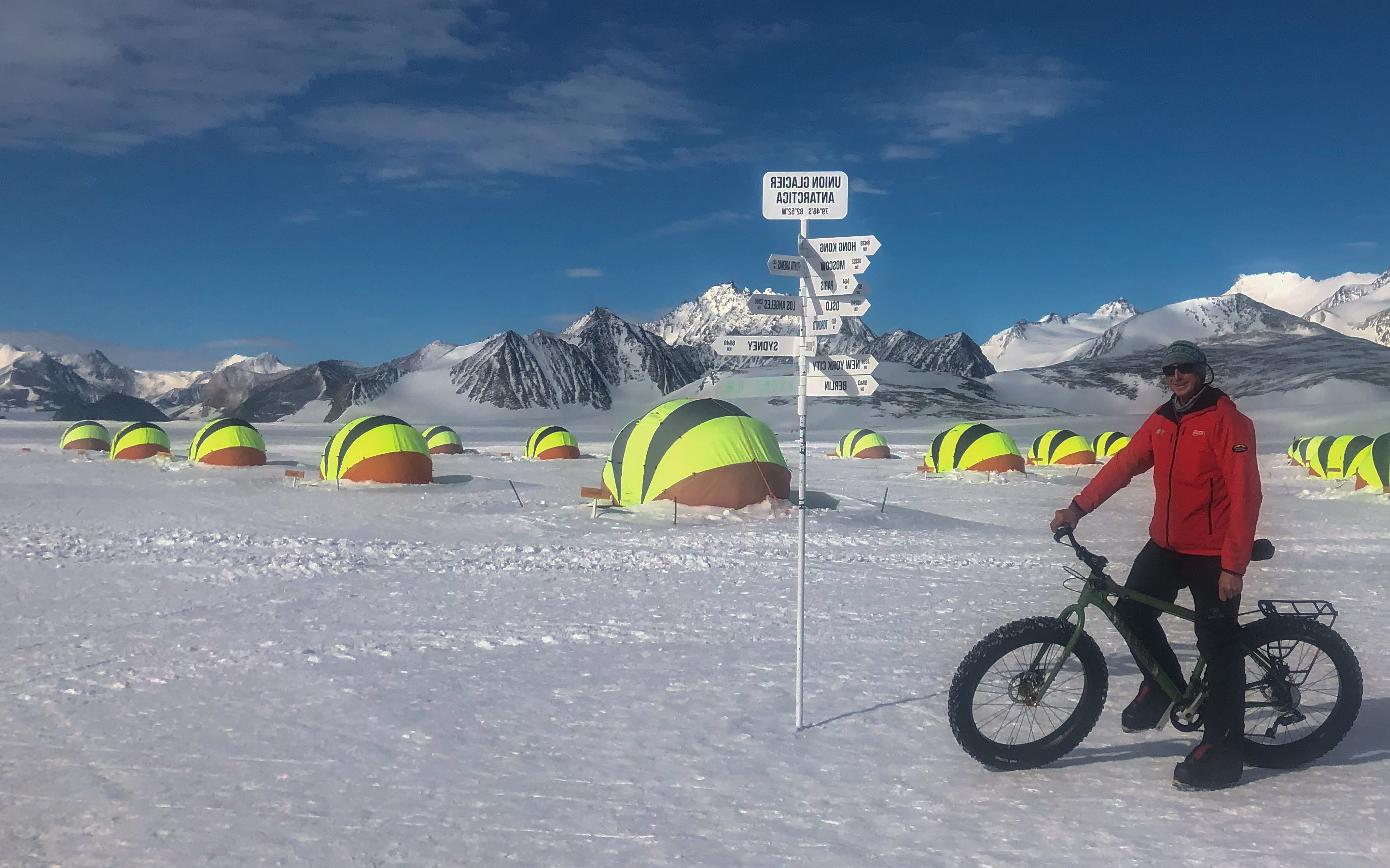 AC IFMGA Mountain & Ski Guide Mike Roberts fat tyre biking at Union Glacier, Antarctica