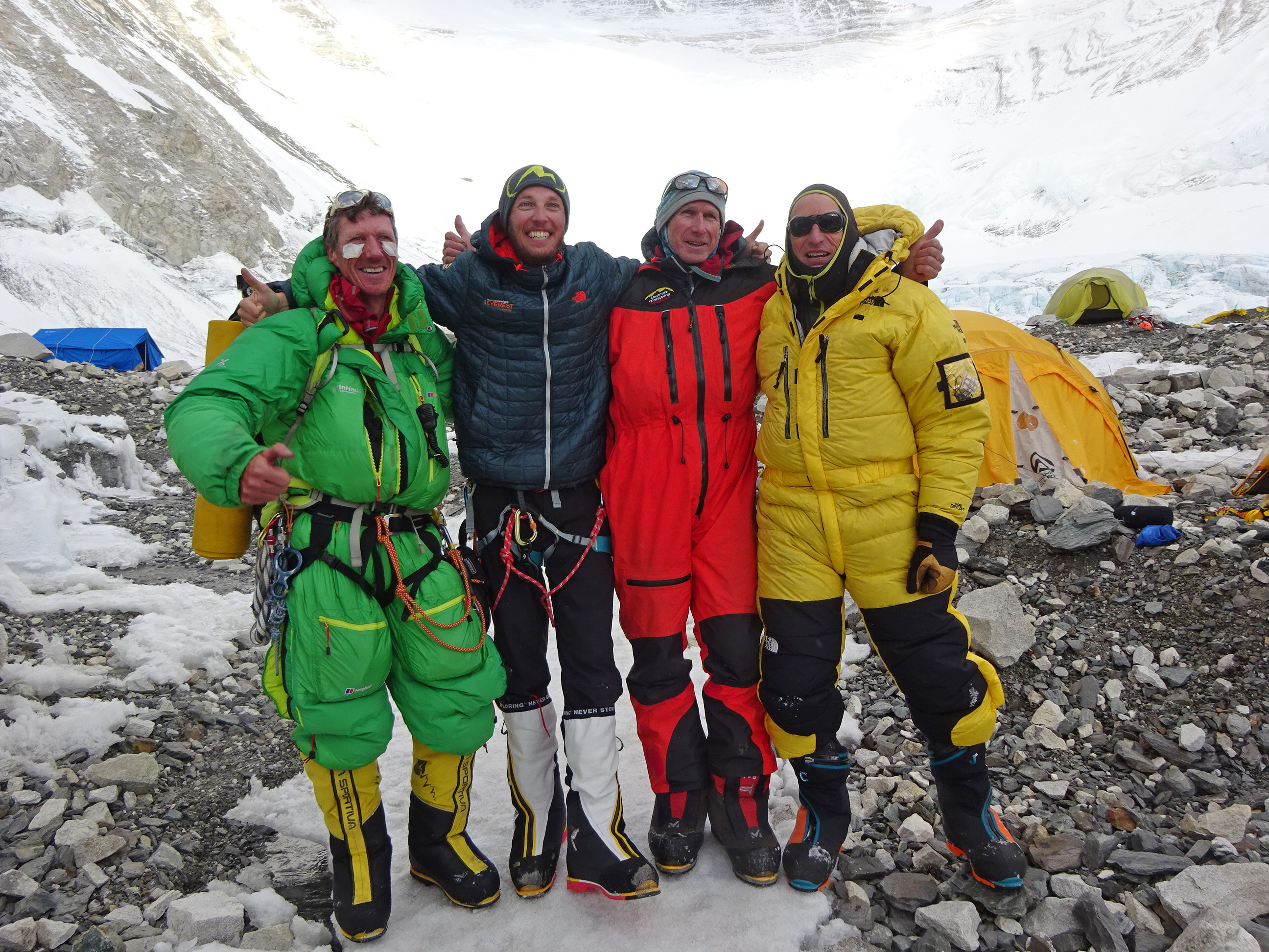 AC Guides celebrate a successful summit of Mount Everest after returning safely to Camp 2.