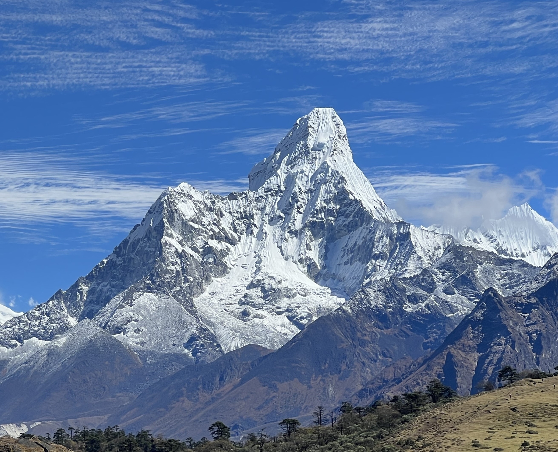 Mount Ama Dablam stands out omnipotent above the villages around Khumjung.