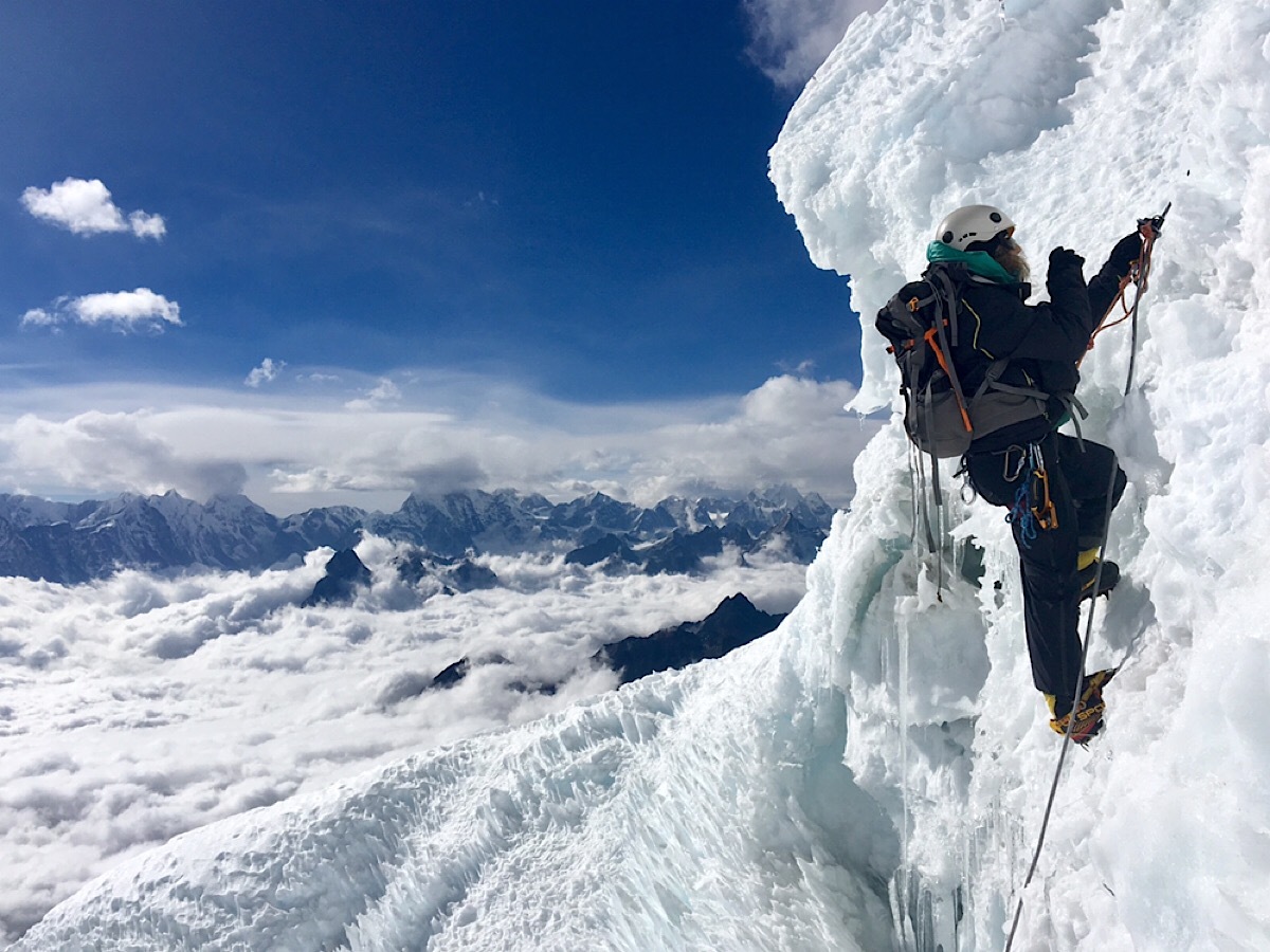 A climber negotiates the tricky Mushroom ridge just below Camp 3 on Ama Dabalm