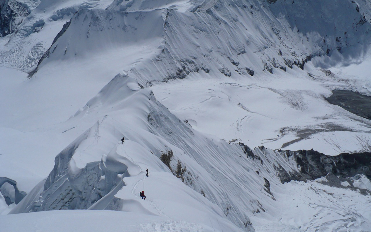 Climbers on the Baruntse South West summit ridge.