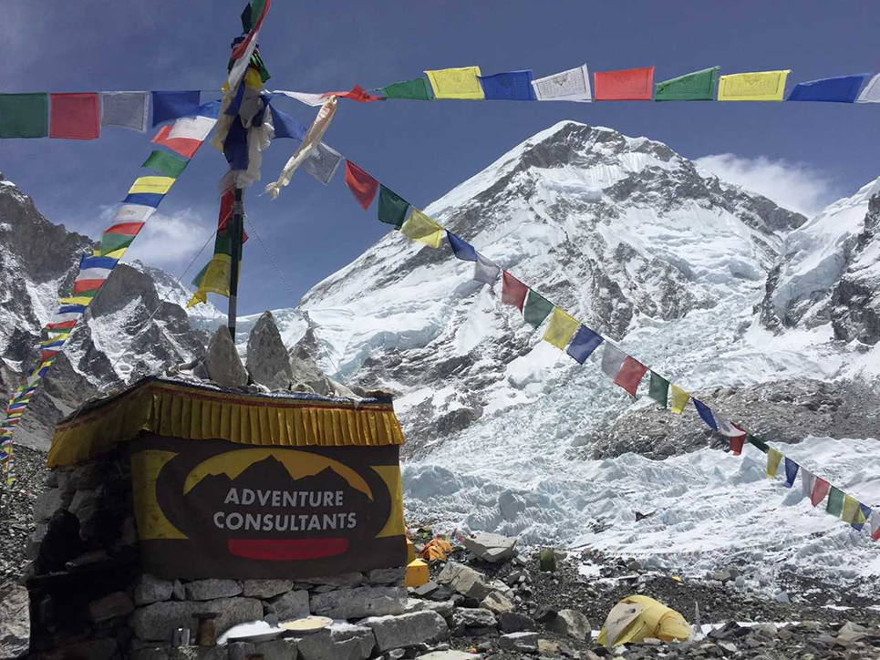 Adventure Consultants Chorten at Mount Everest Base Camp. The Khumbu Glacier and Mount Everest behind.