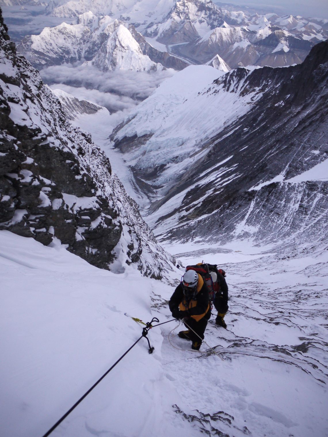 Climber about to enter couloir on Lhotse