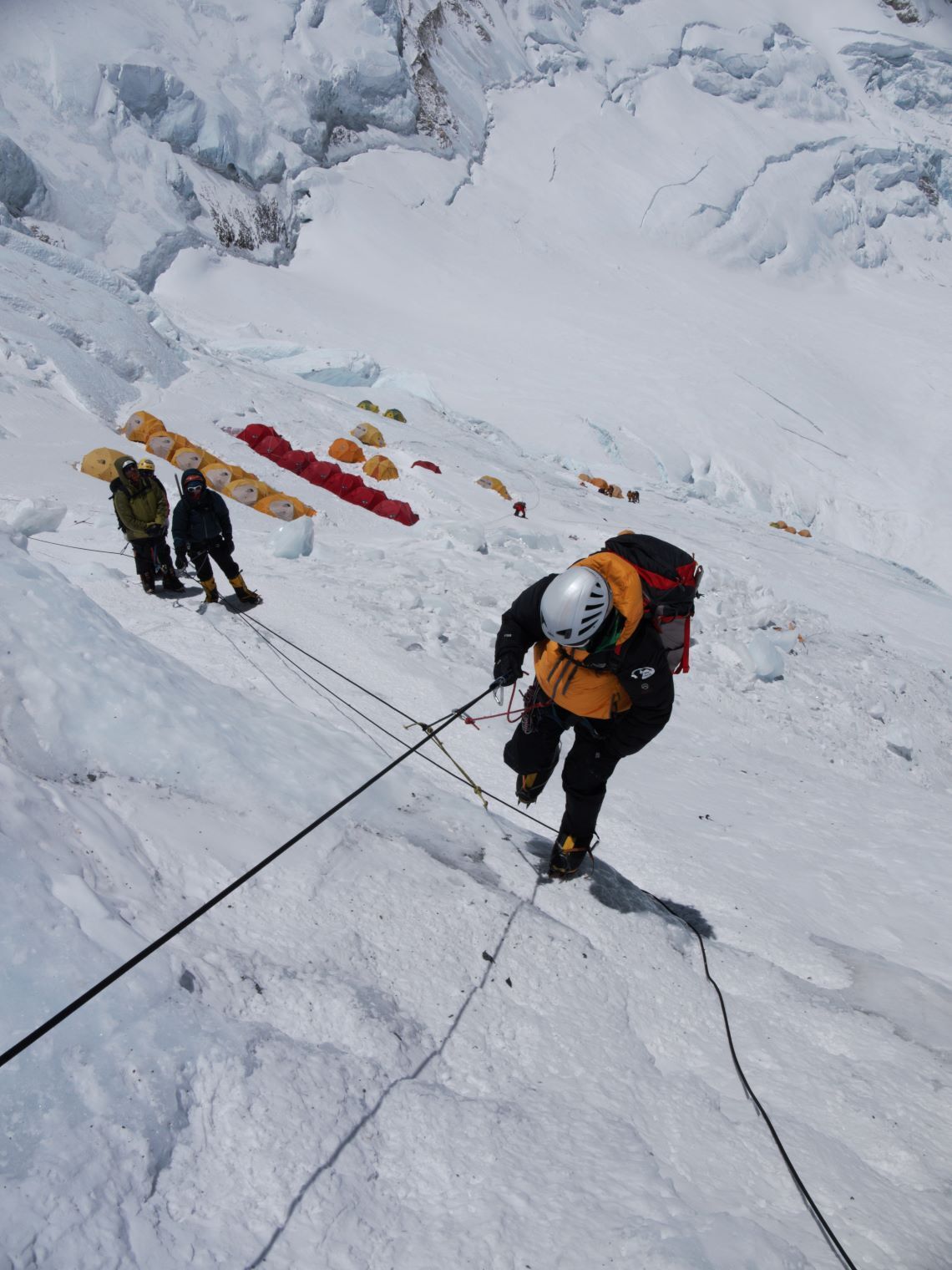 Climber on fixed ropes on Lhotse face of Mt Everest