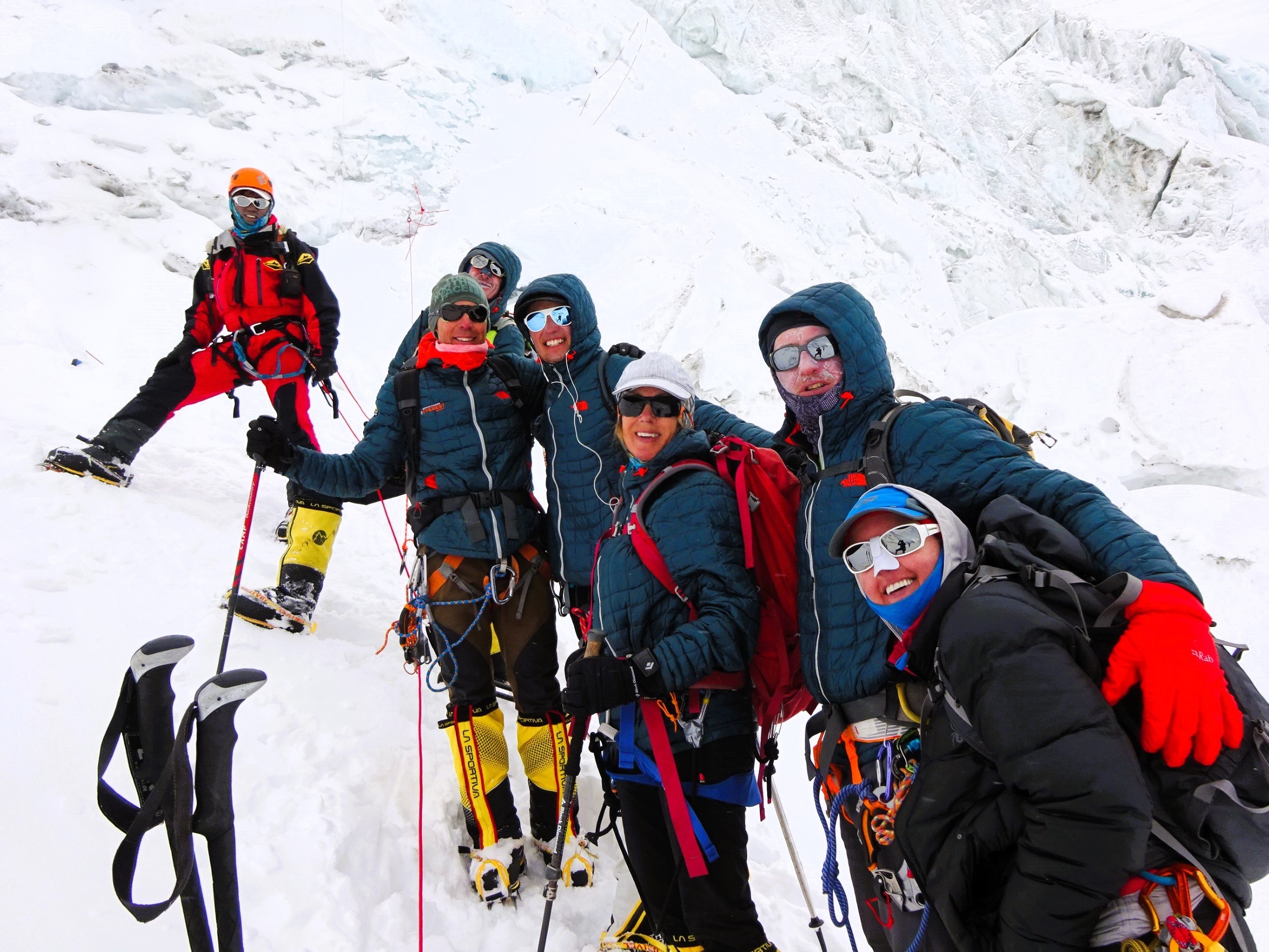 Happy climbers, bottom of Lhotse Face on Everest