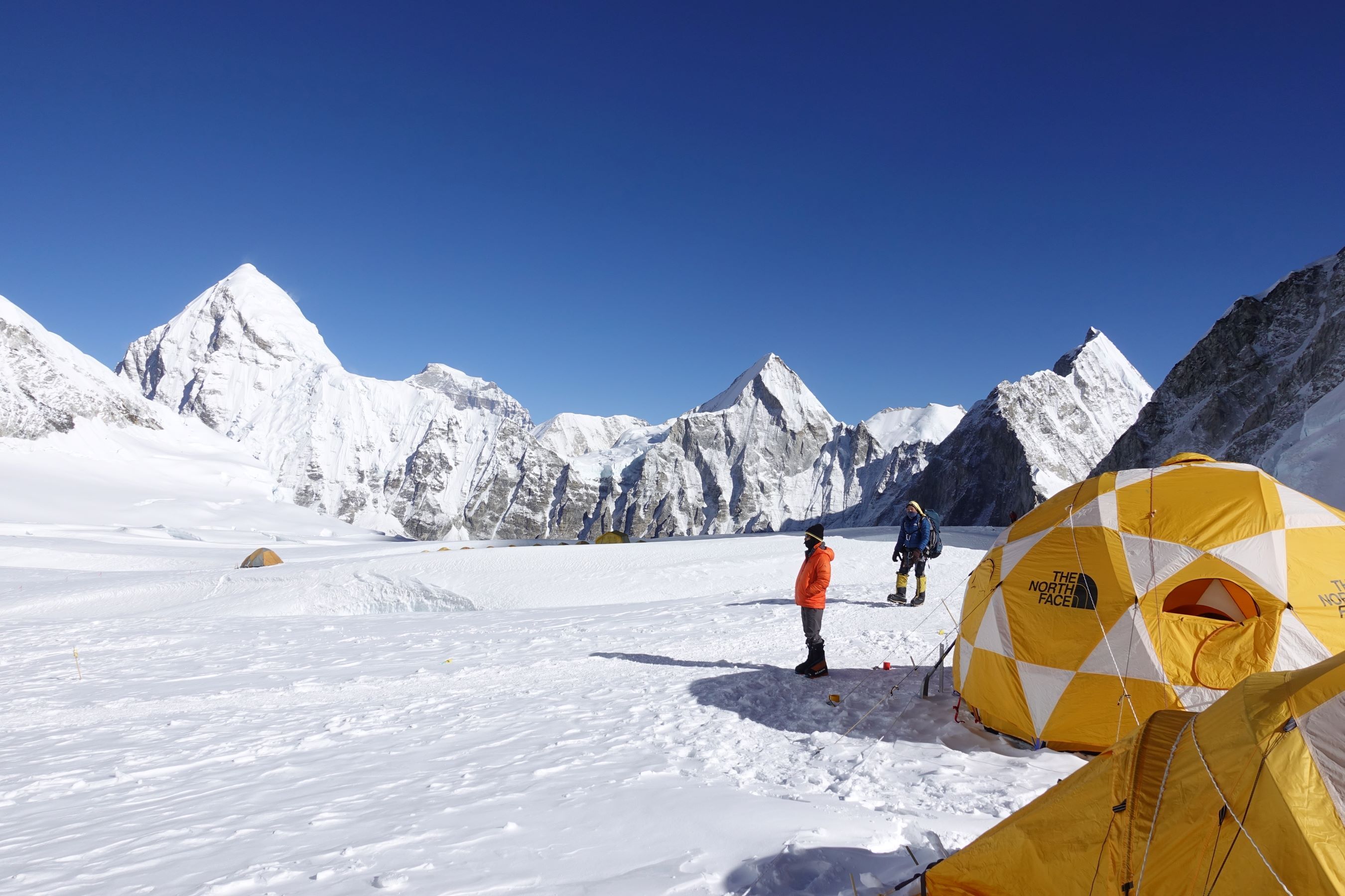 Climbers outside tents at camp 1 Mt Everest