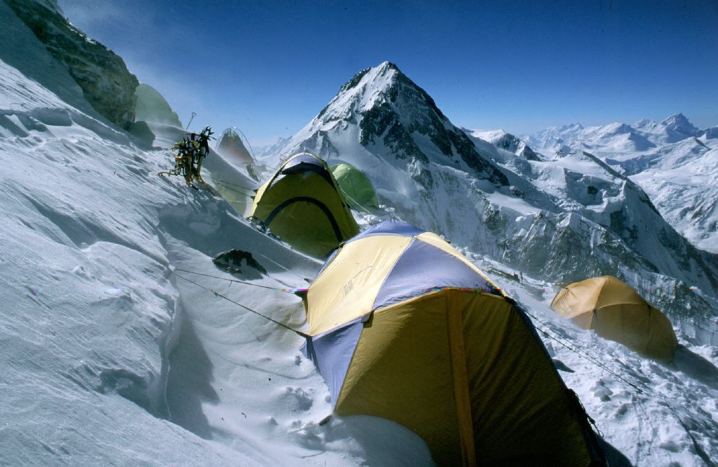 Tents at C4 on Gasherbrum 2 with G1 behind