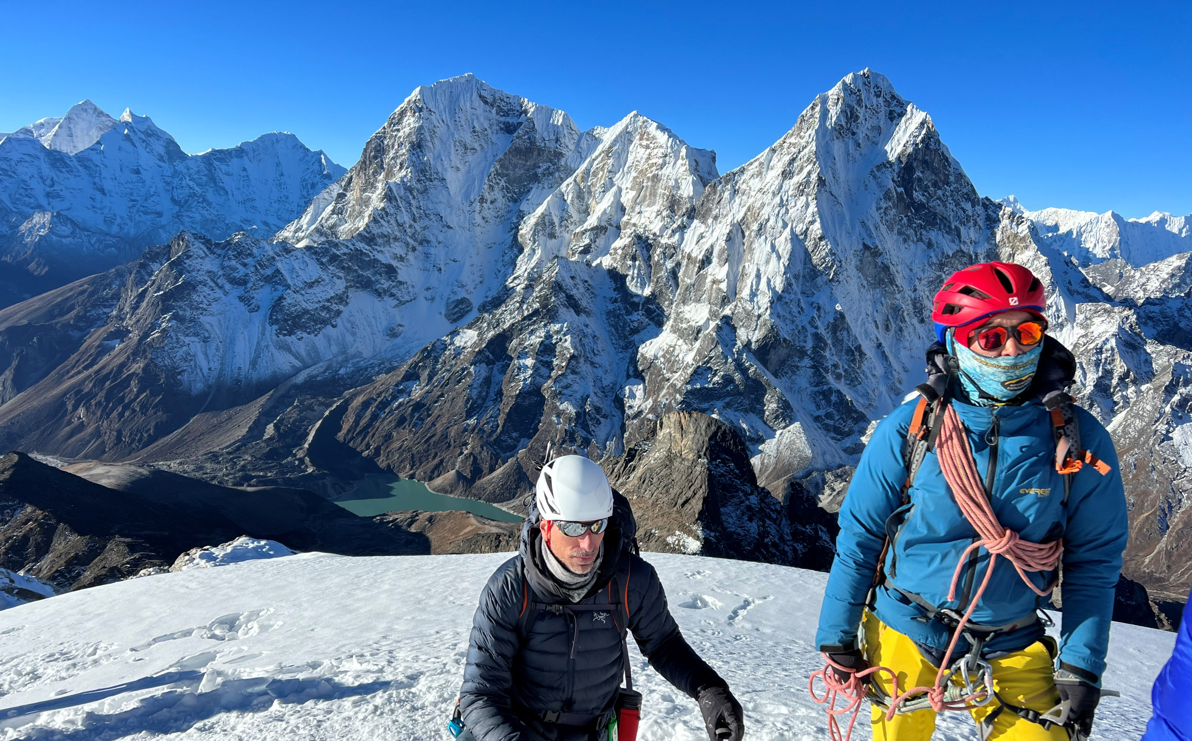 Climbers stop for a rest as they ascend Lobuche East