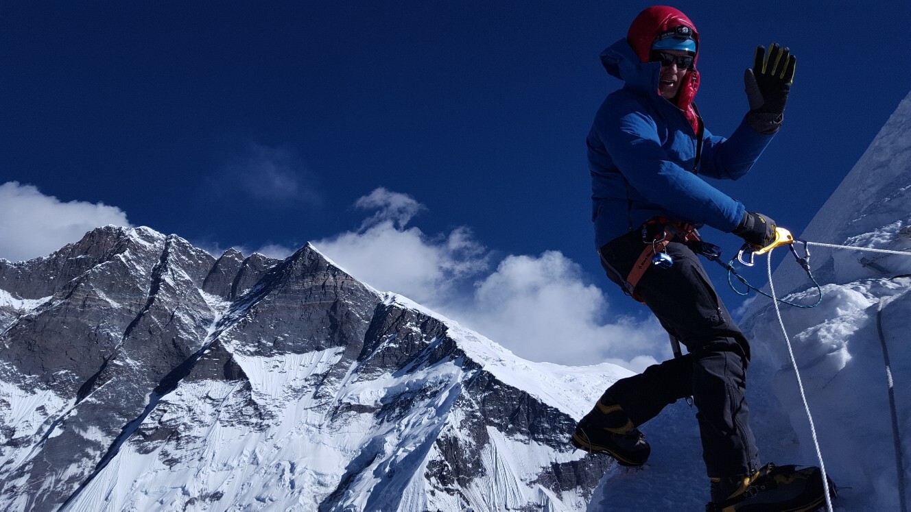 Rapelling from the summit of Island Peak