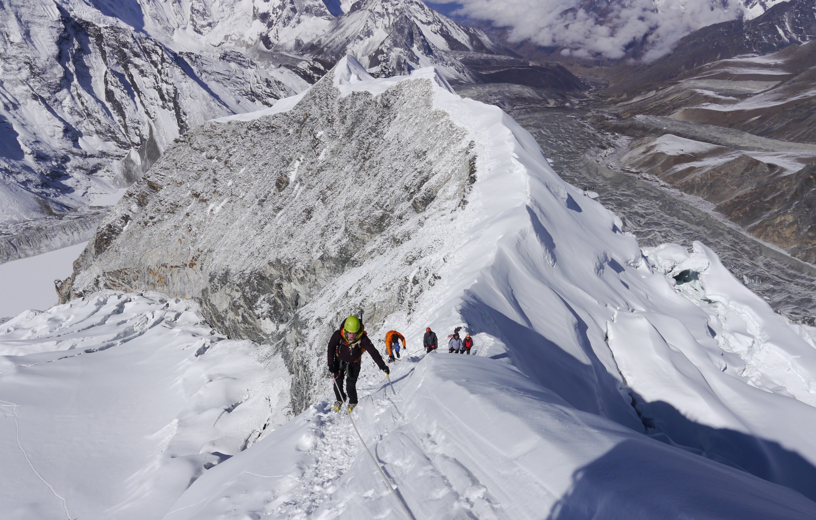 Climbing the summit ridge on Island Peak