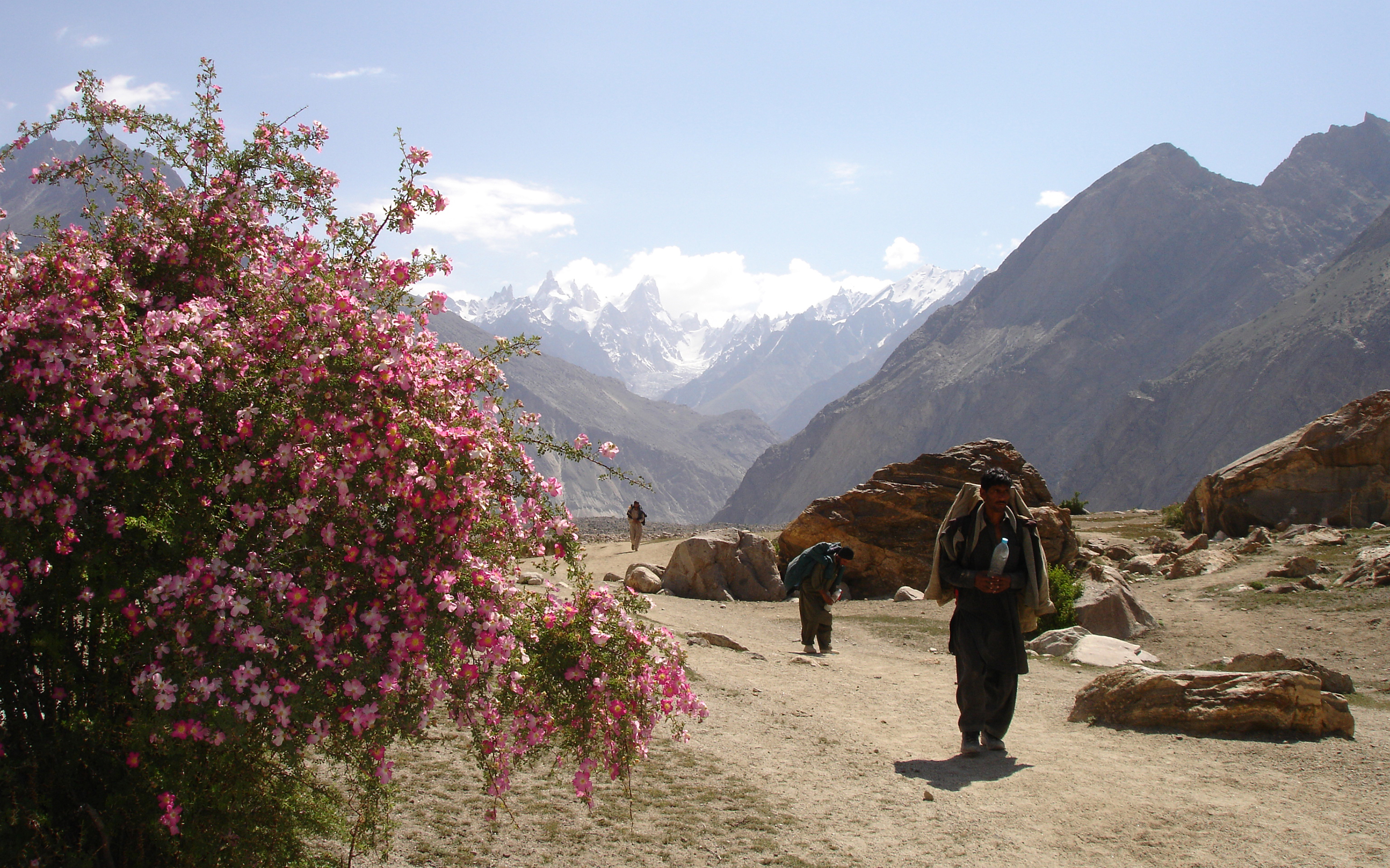 Porters walk the lower trails of K2 Base Camp trek in Pakistan