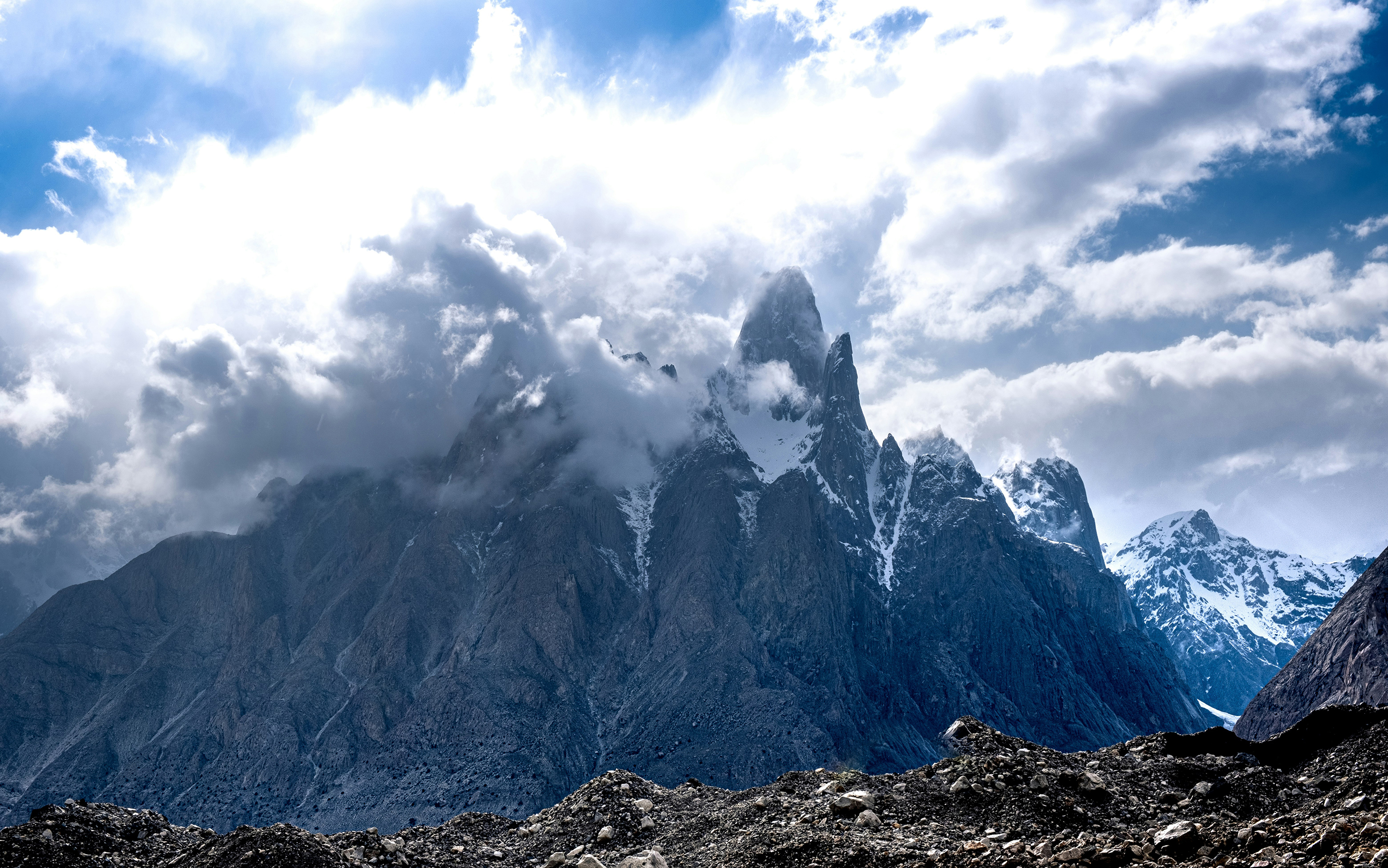 Pakistan's Trango Towers shrouded in cloud on the trek to K2 Base Camp