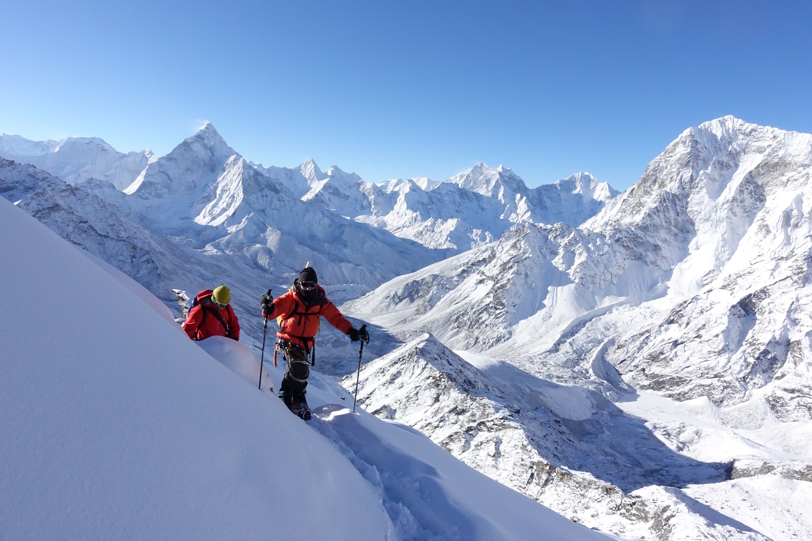 Climbing Lobuche East on a brilliant snowy day