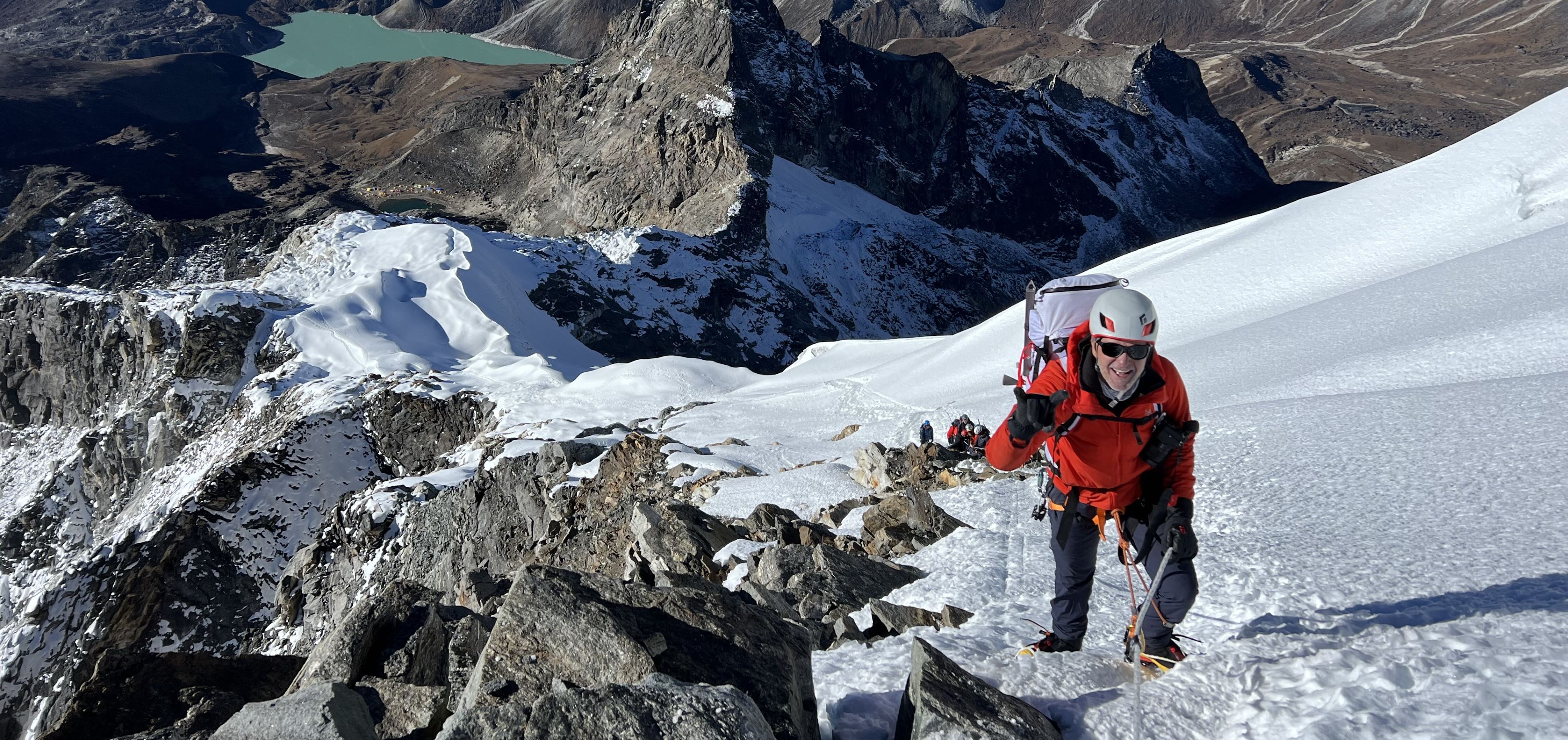 Superb airy ridge climbing on Lobuche