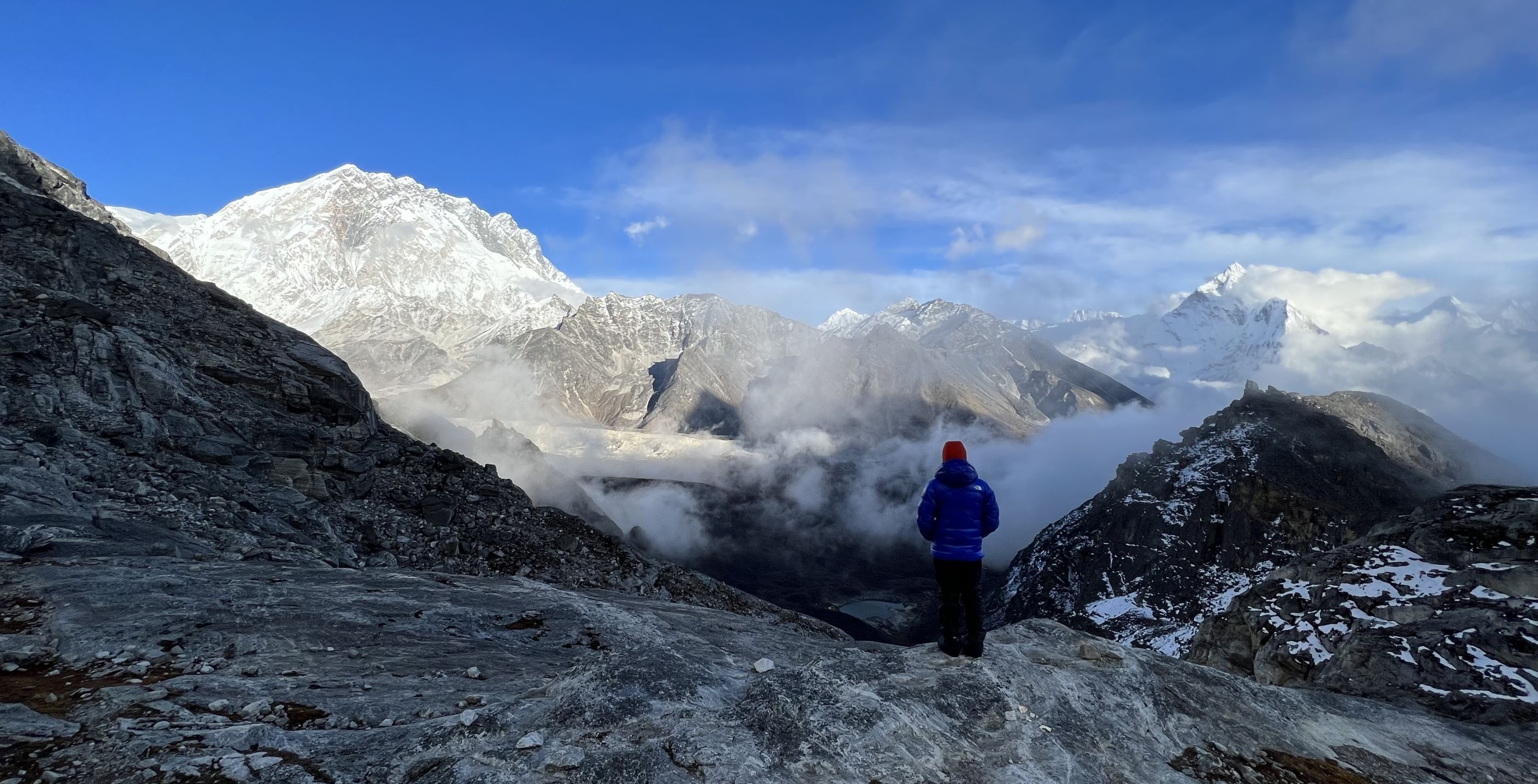 View of Nuptse wall from Lobuche High Camp at sunset