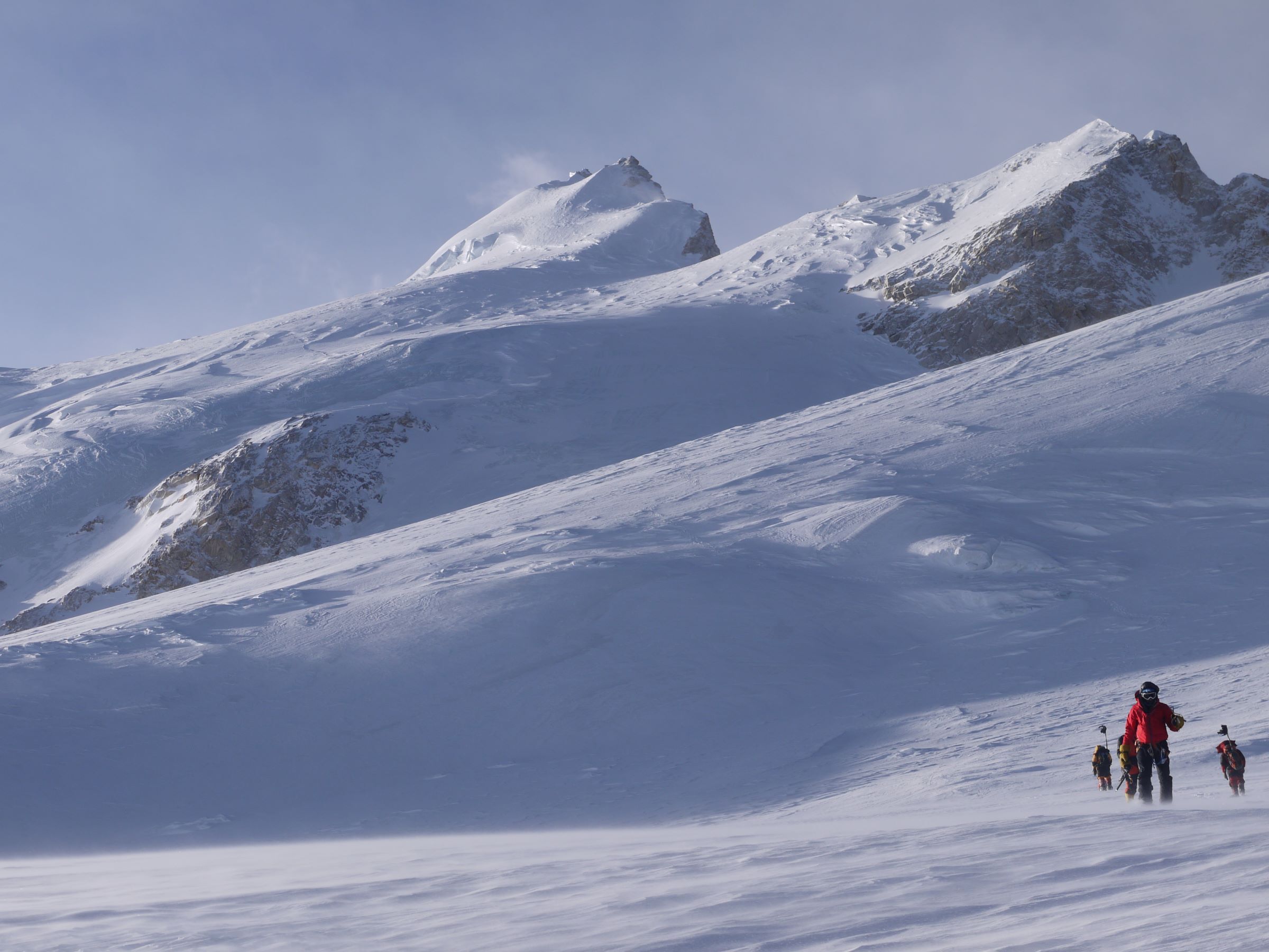 Climbers on the summit plateau Mt Manaslu