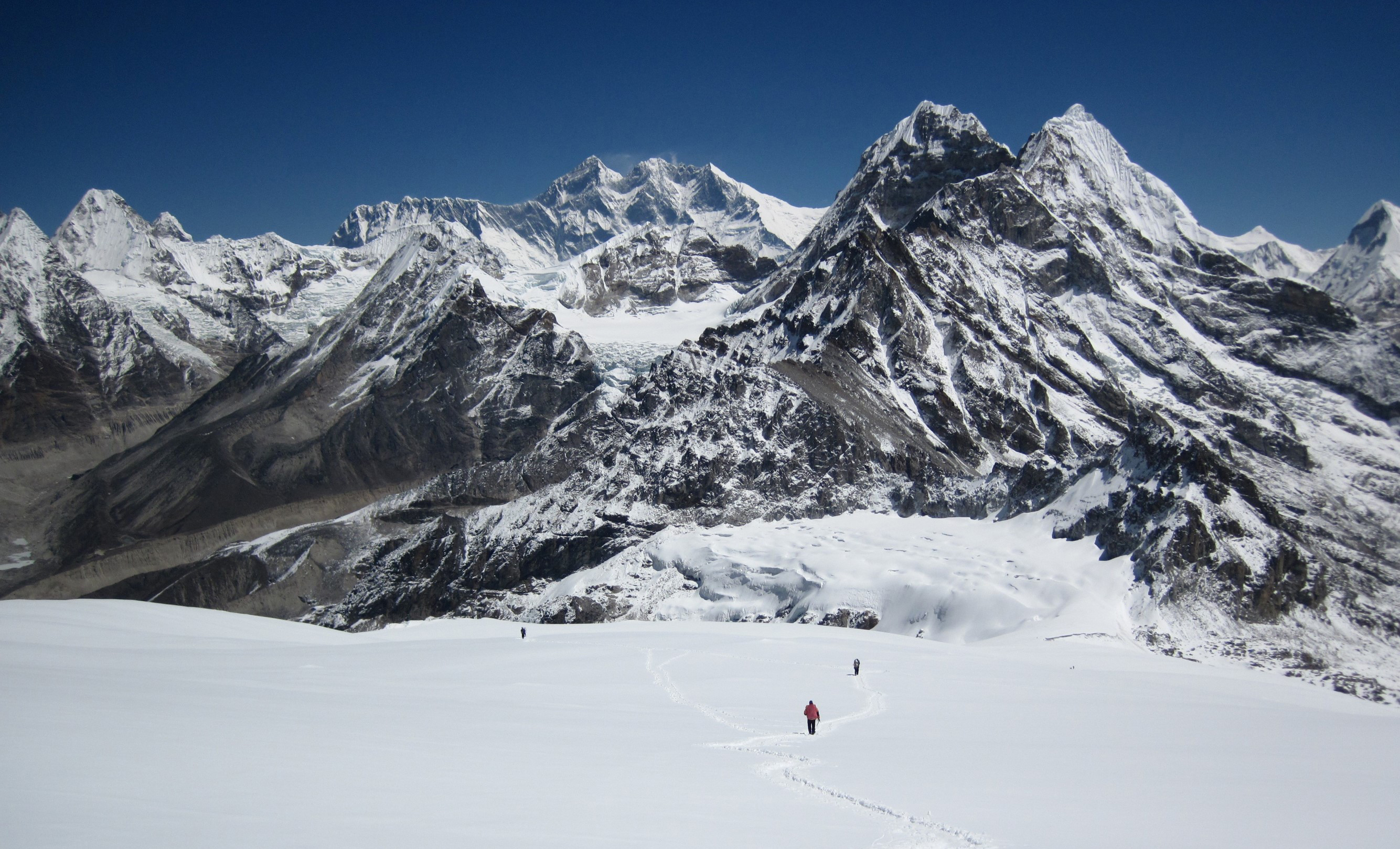 Ascending the slopes of Mera Peak, with huge views to the Everest group