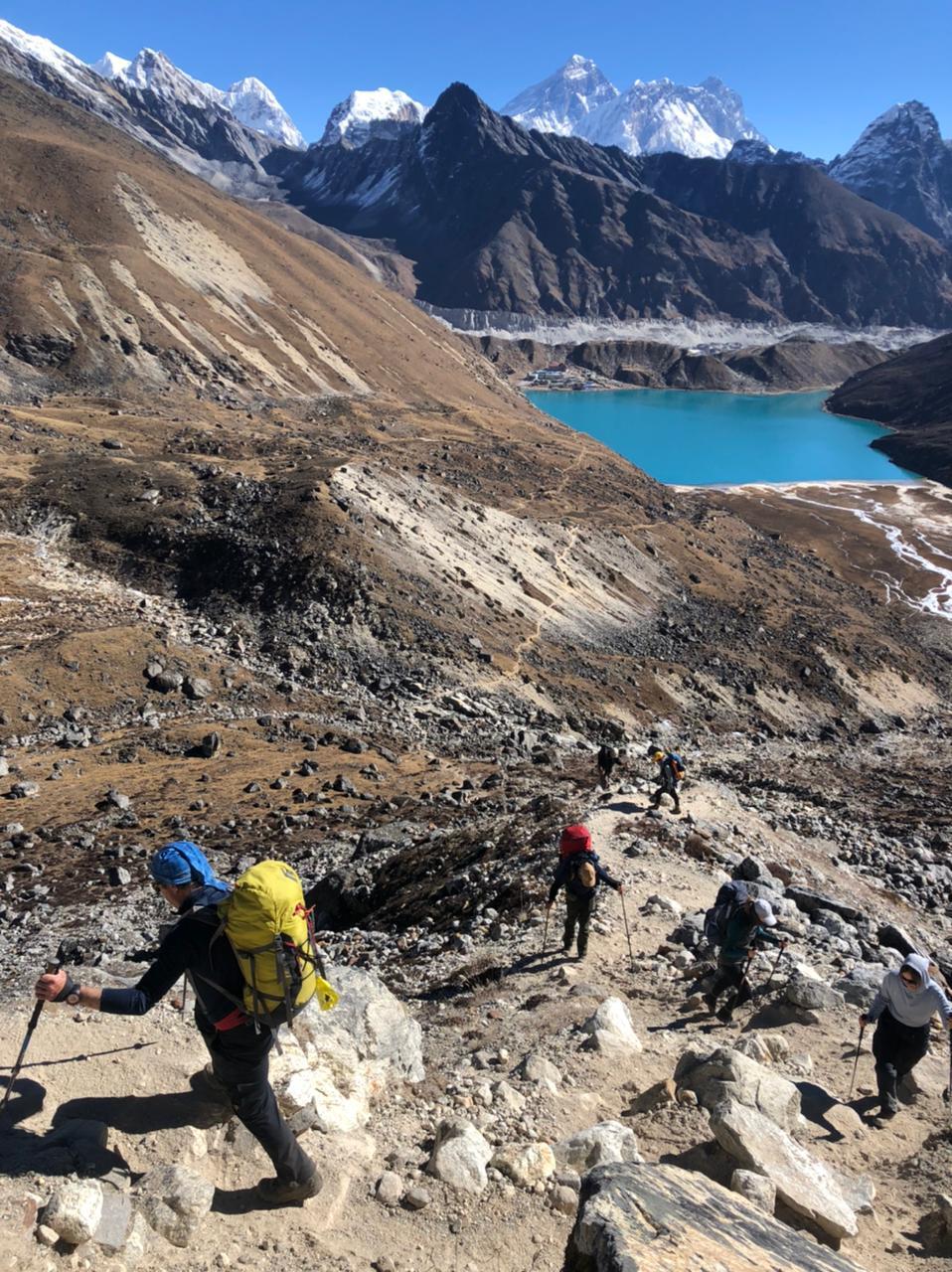 Climbing up to Renjo la on the Three Passes Trek