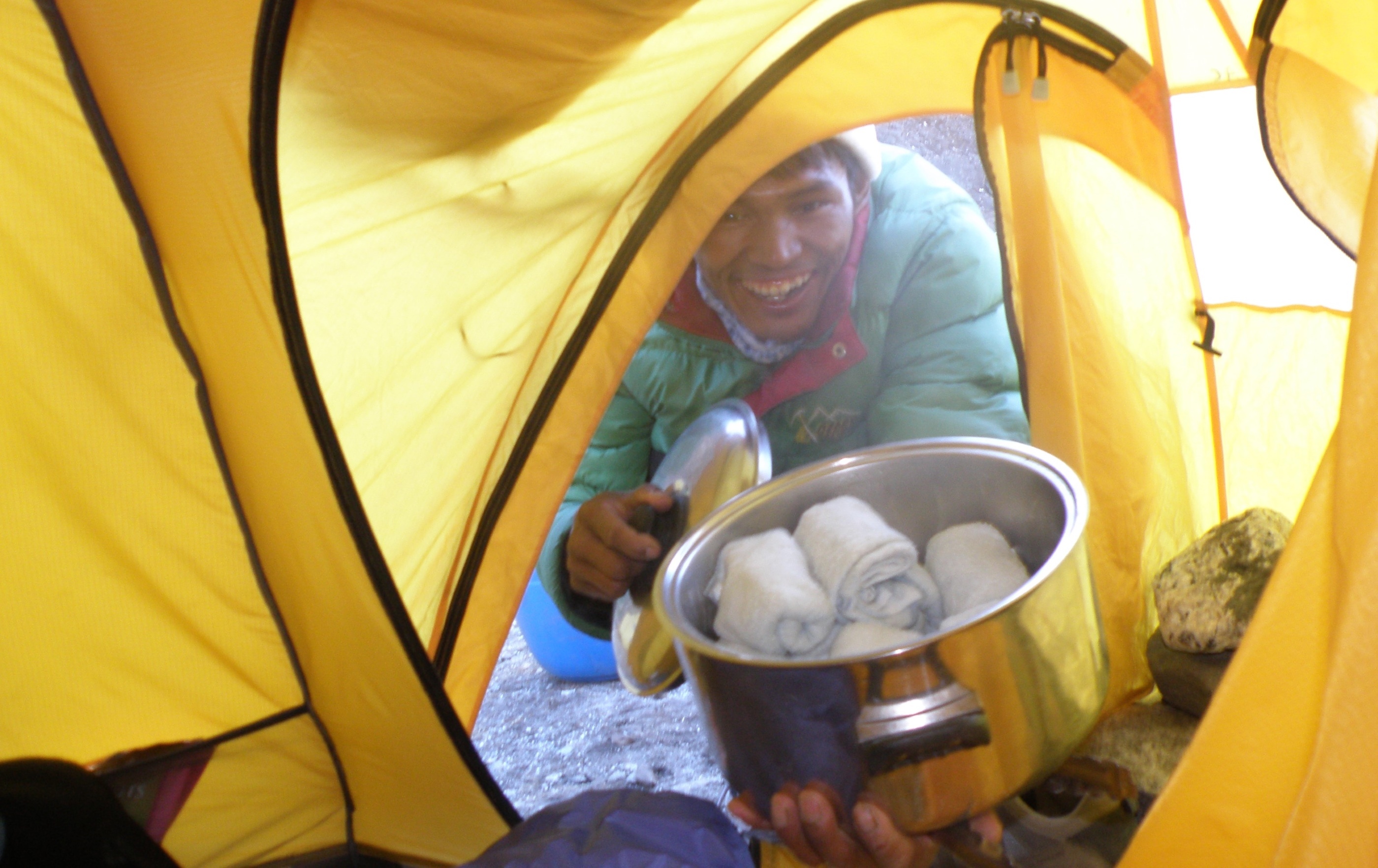 In AC camps hot towels are brought to your tent