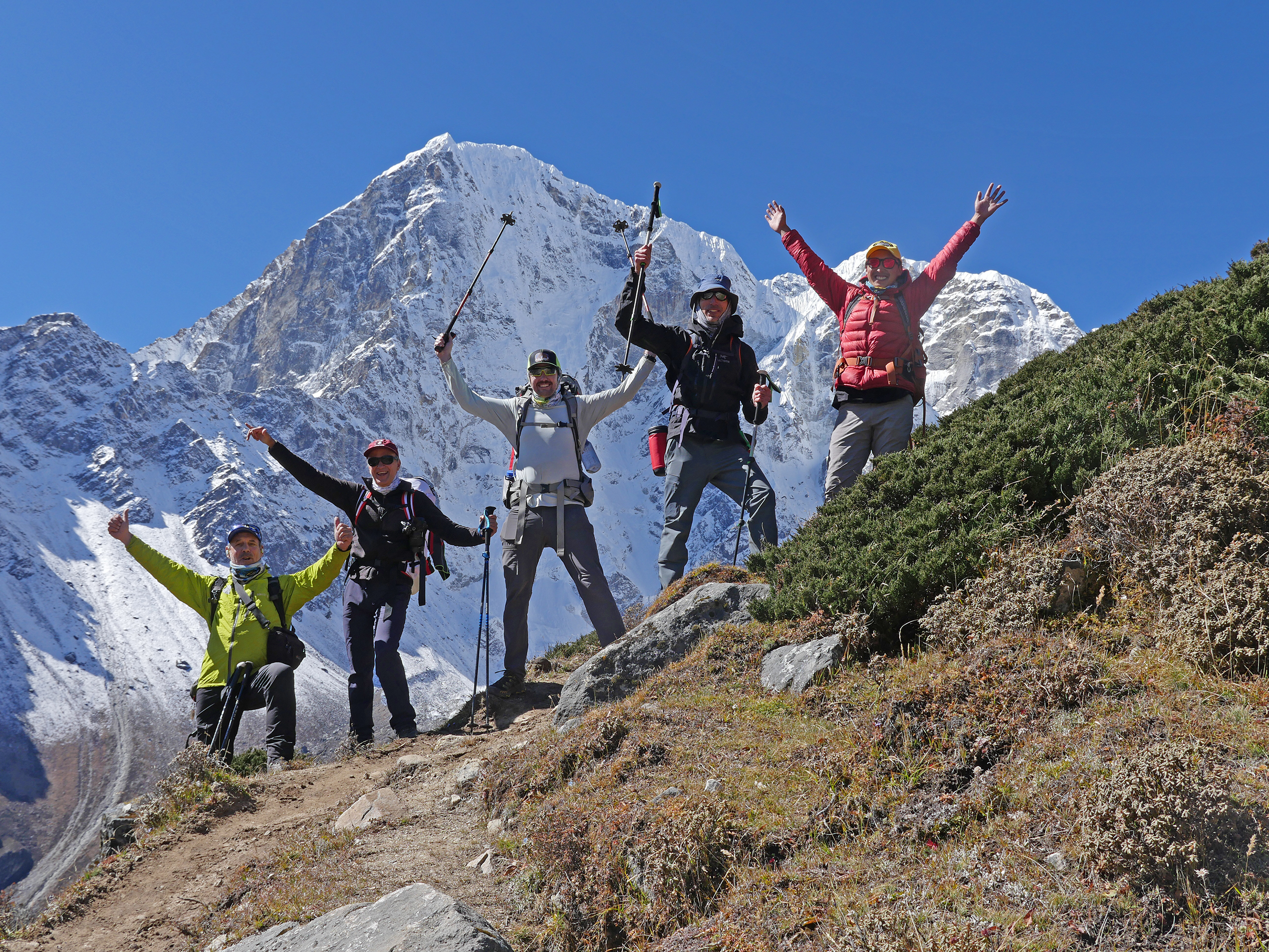 A climbing team gains height as they approach Lobuche Base Camp in anticipation of their upcoming climb.