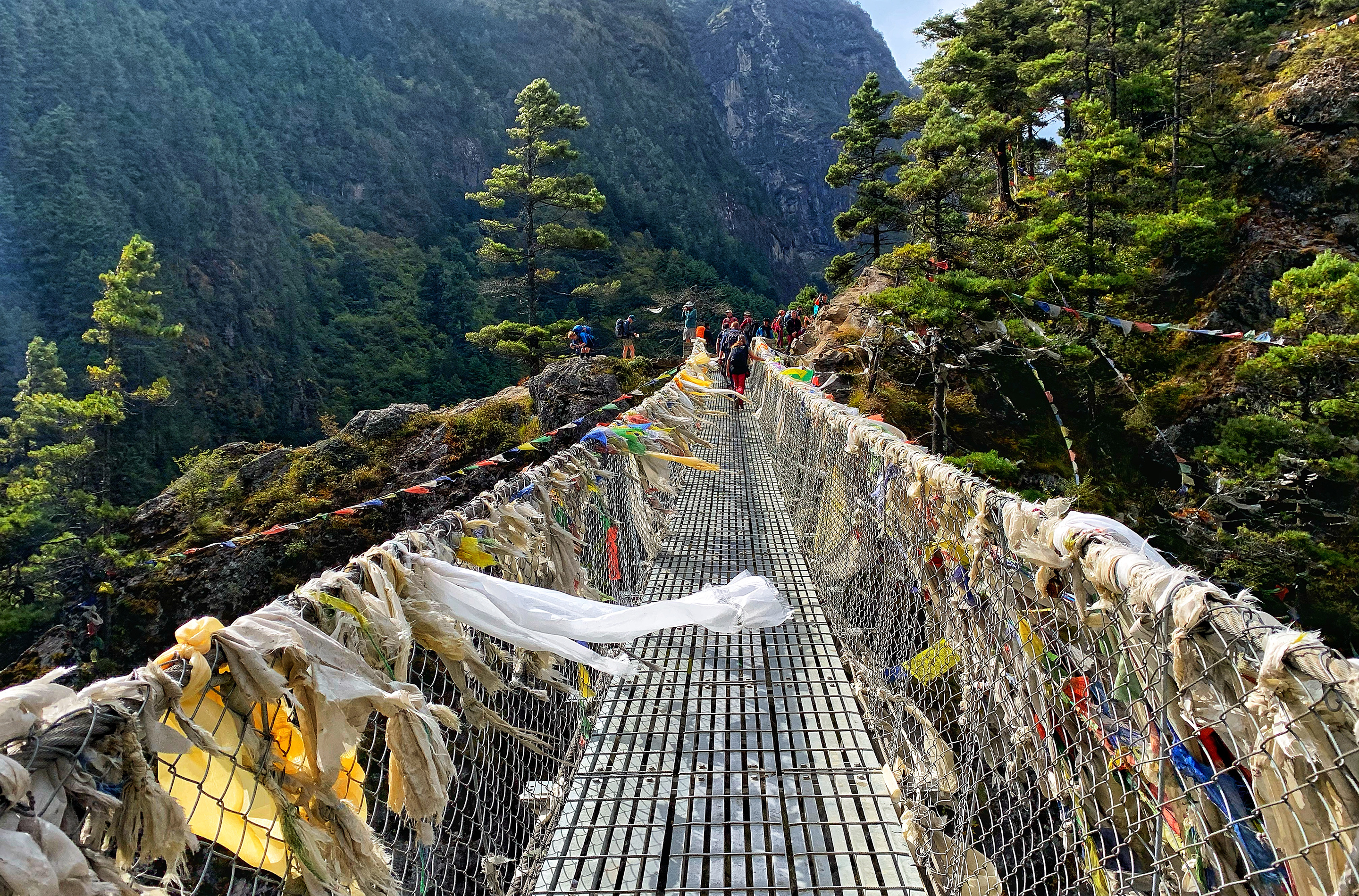 Prayer flags adorn the sides of Namche bridge, Khumbu Valley, Nepal