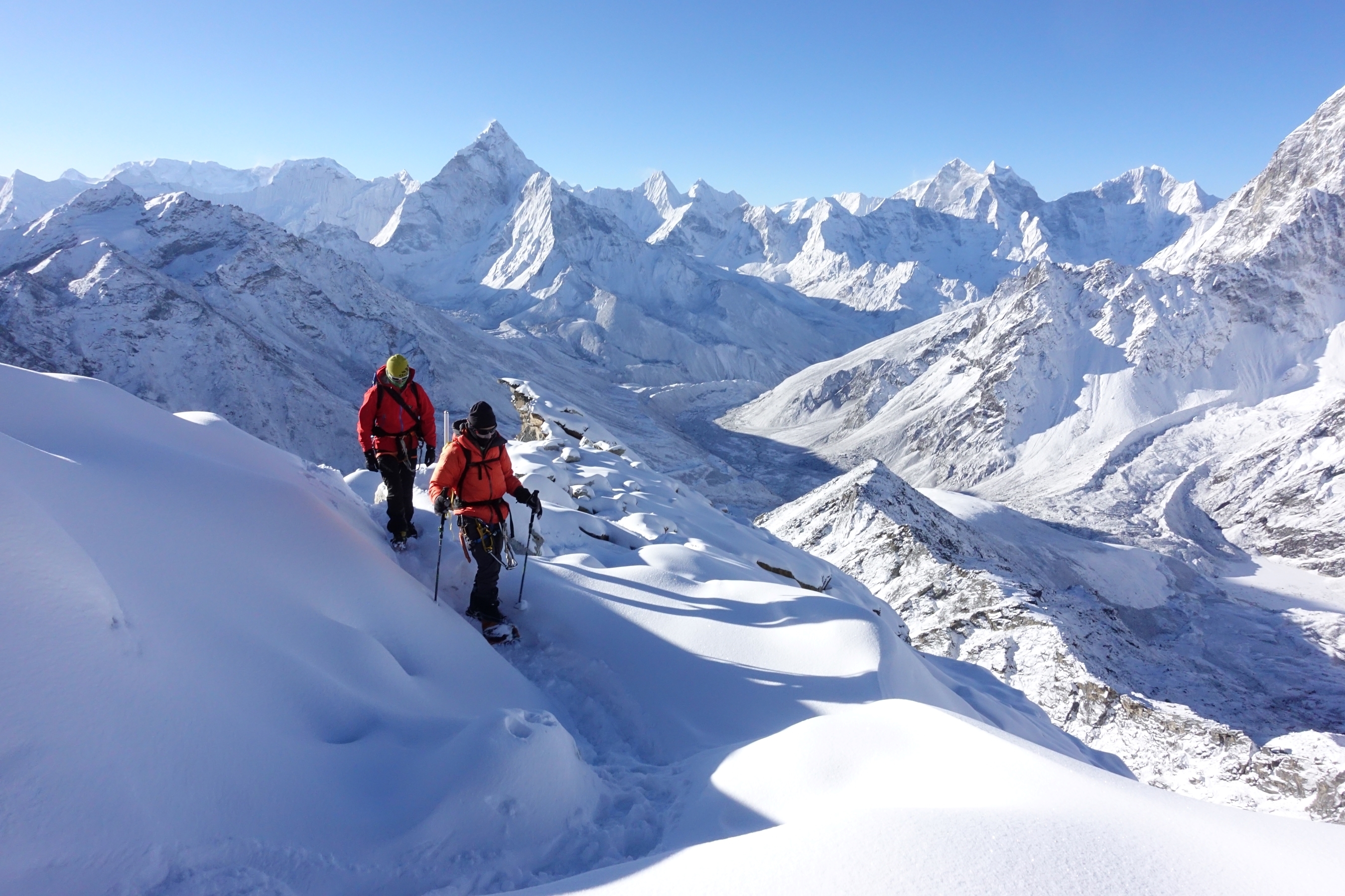 Climbing Lobuche East in snowy conditions