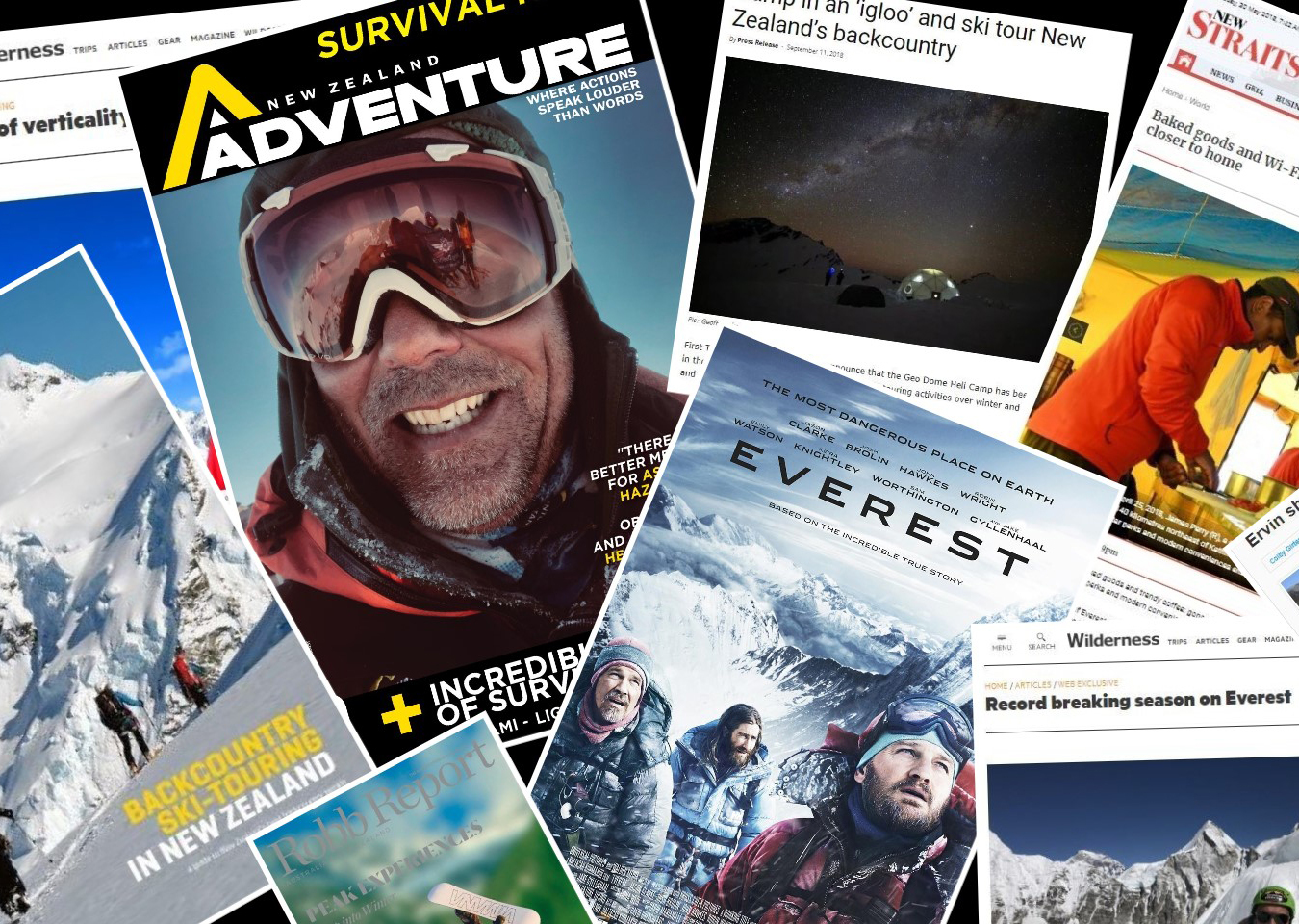 Collage of media articles about Adventure Consultants