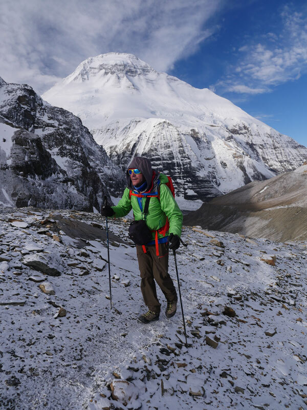 Crossing high French Pass in Nepal, trekking beneath the immense icebound slopes of Mount Dhaulagiri. Photo: Guy Cotter
