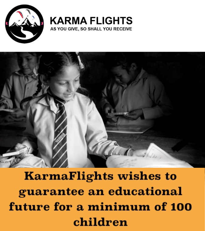 An orange poster promotes Kinship Scholarships, showing Nepali children studying and calling for support to secure education for at least 100 children.