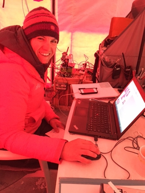AC Everest Base Camp Manager Anthea Fisher at work in the communications tent.