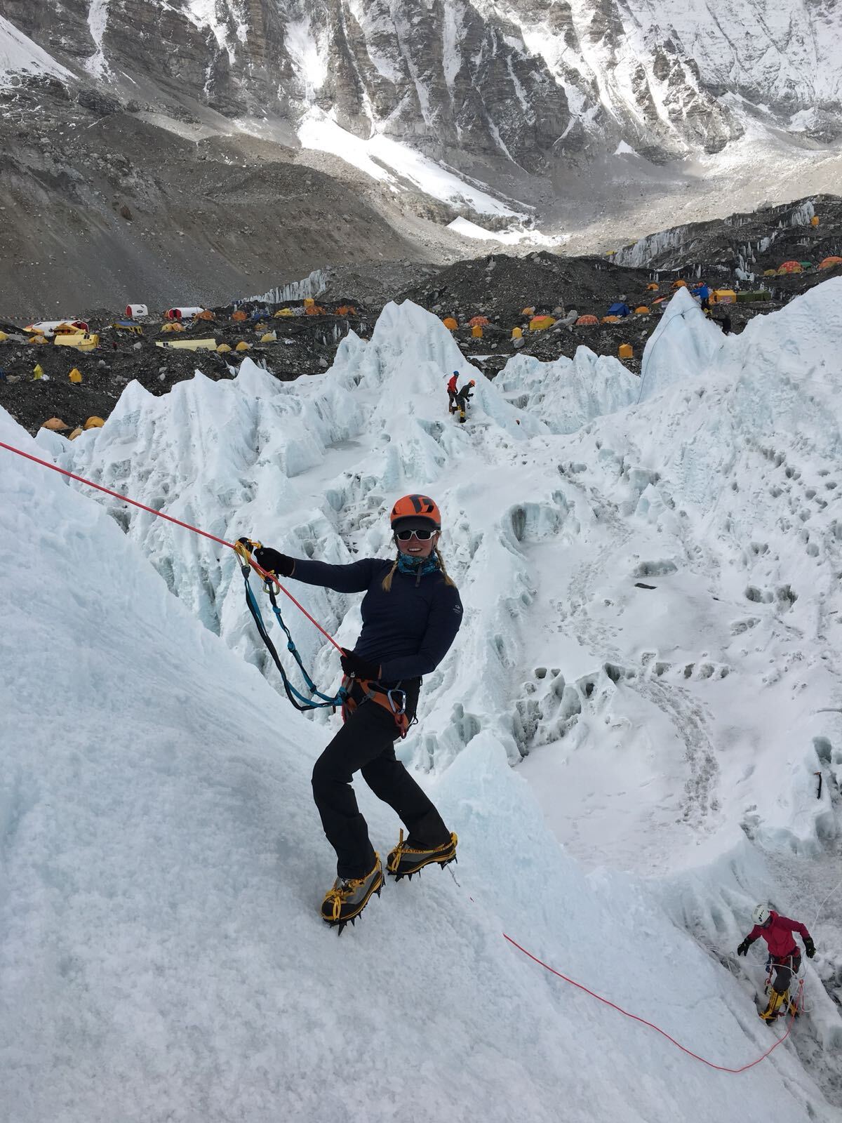 Dr Sophie Wallace taking some time out enjoying some ice climbing on the Khumbu Glacier