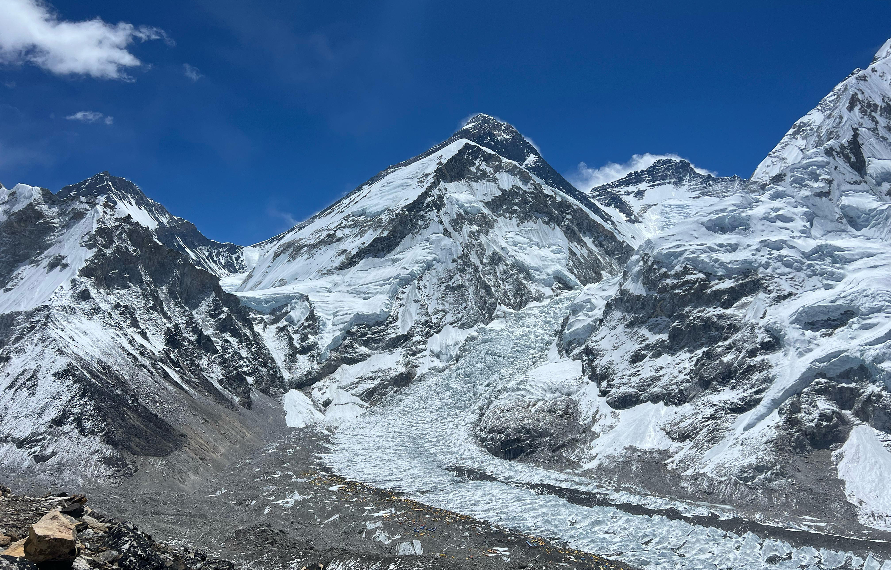 Looking towards Everest, the Khumbu Glacier and Everest Base Camp below.