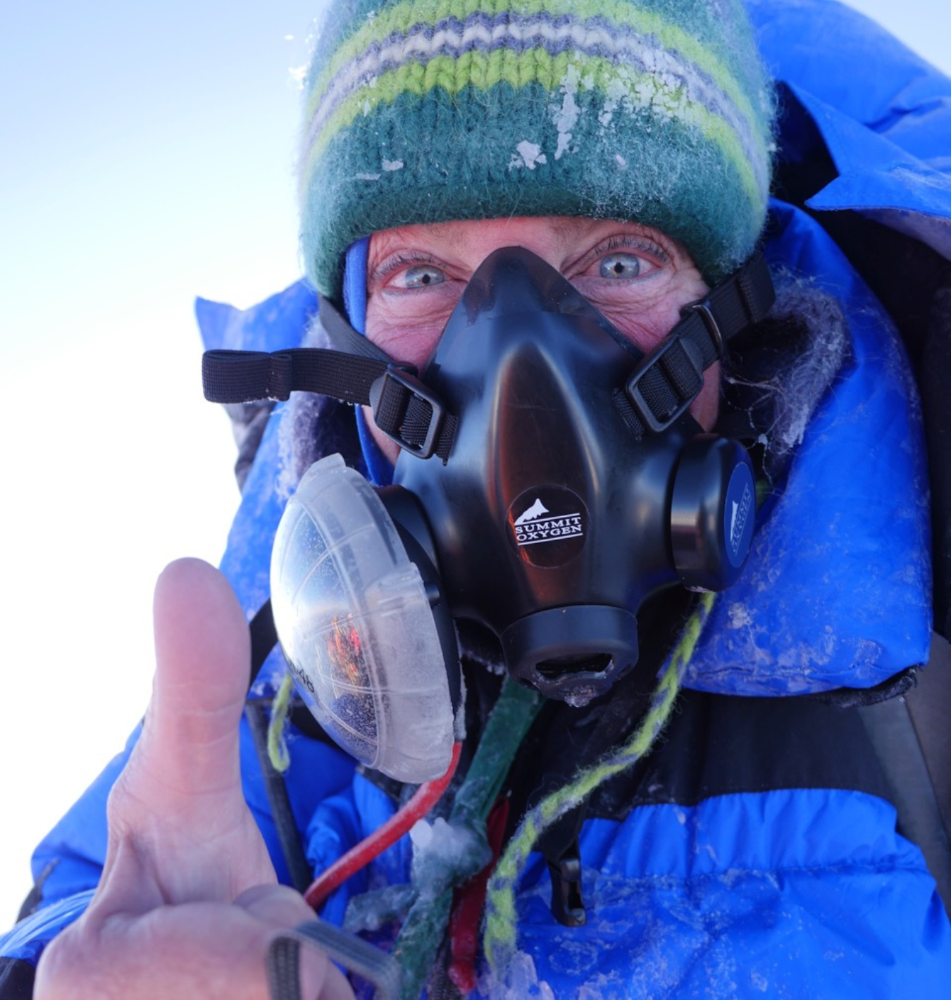 Guy Cotter with an oxygen mask during a thump up